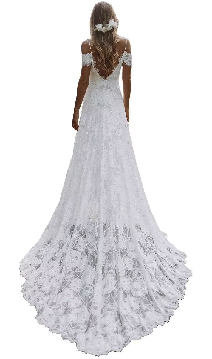 Boho Mermaid Wedding Dresses 2023 - Long Lace Satin Beach Bridal Gowns for Simple & Elegant Bride | Perfect for Beach, Destination & Outdoor Weddings