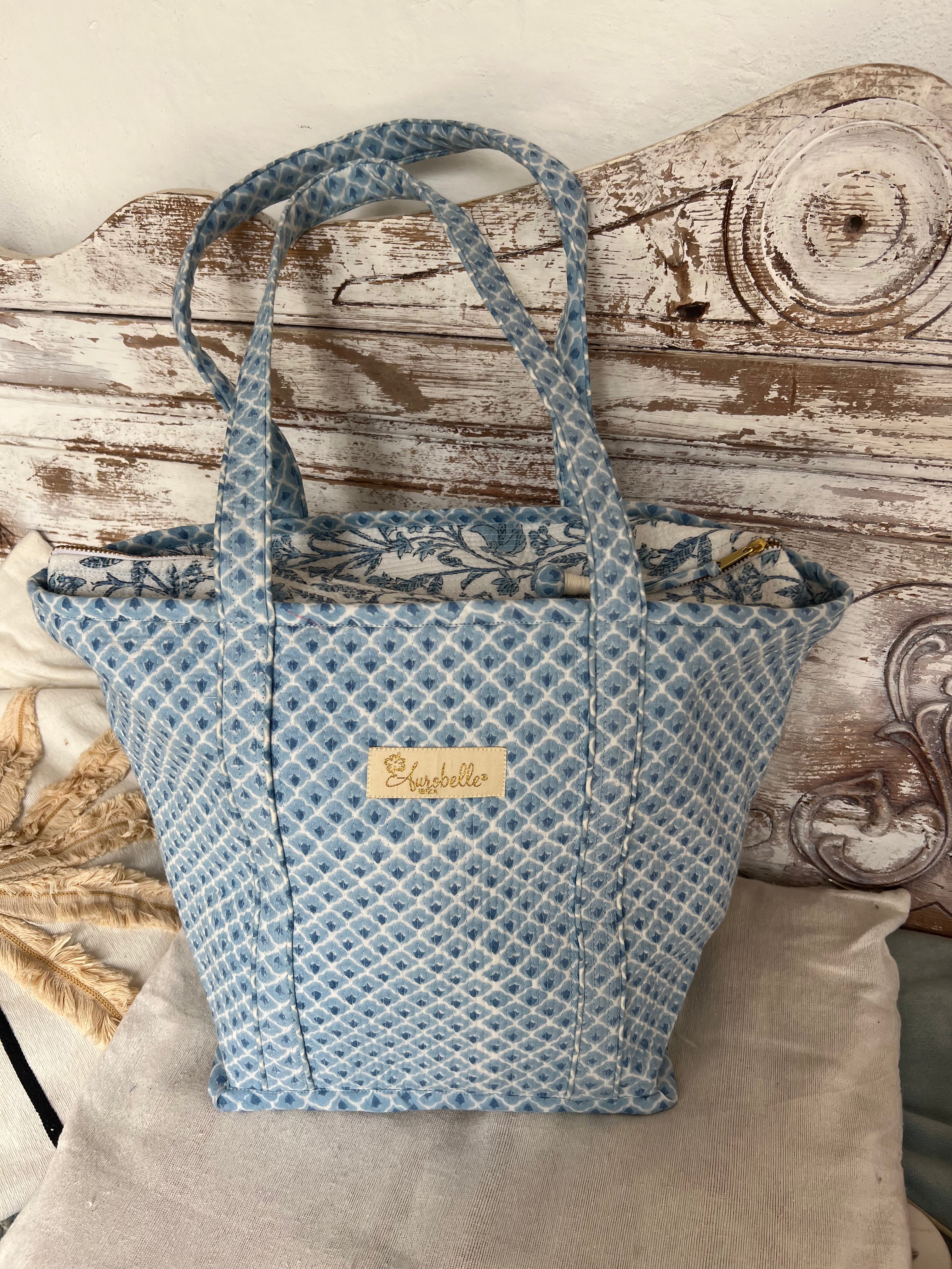 Brigitte Large Quilted Cotton Tote Bag - Blue Block Print Boho Shoulder Bag | Handmade Beach & Travel Tote | Perfect for Shopping, Work & Vacation Essentials