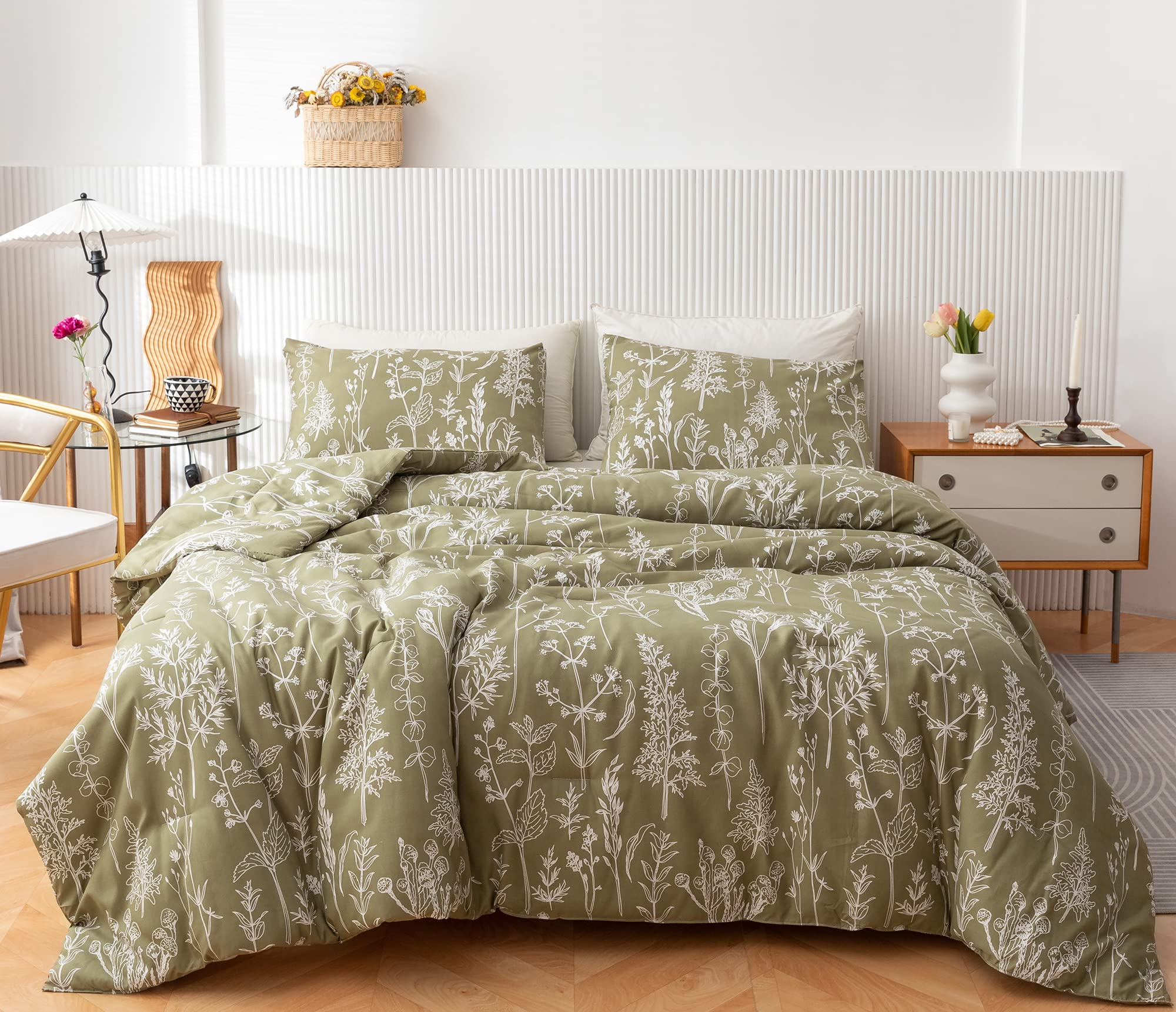 JANZAA 3-Piece King Size Comforter Set - Olive Green Floral Duvet Cover with White Flower Print, Includes 2 Pillow Shams - All Season Bedding for Master Bedroom, Guest Room & Dorm Decor