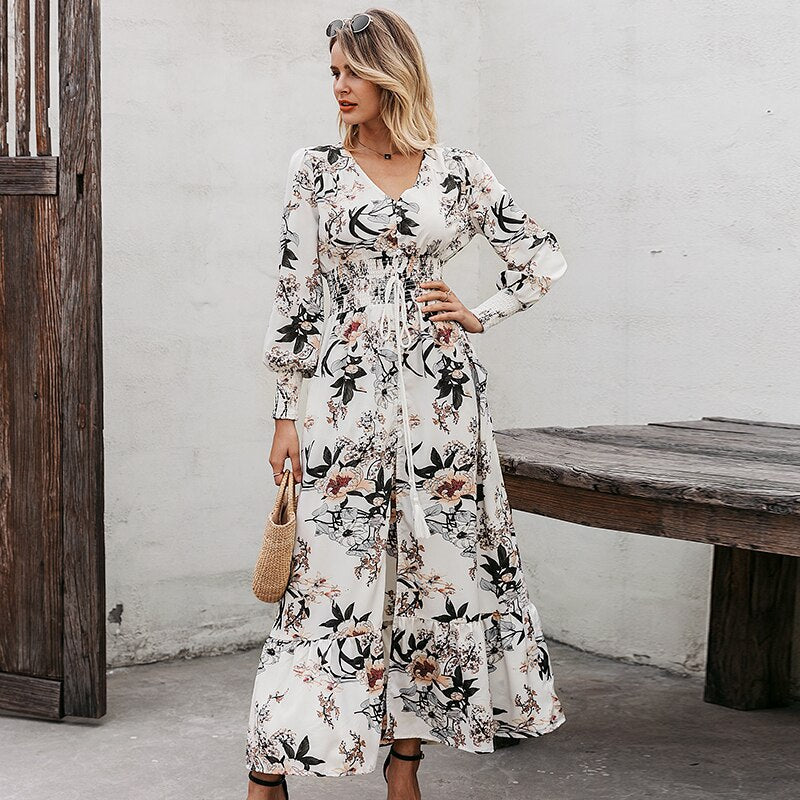 Bohemian Floral Maxi Dress with Lantern Sleeves & Tassel Details - Summer Beach Dress with Button Front & Belted Waist for Women | Perfect for Beach Vacations, Music Festivals & Boho Chic Outfits