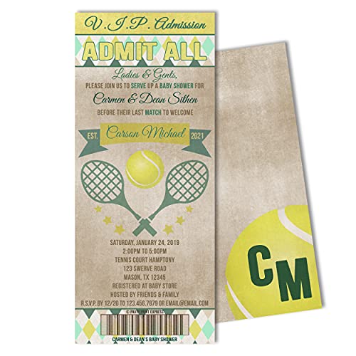 Vintage Tennis Themed Baby Shower Invitations for Boys - Elegant Ticket Style Invite Cards for Couples | Perfect for Gender Reveal Parties & Nursery Decorations