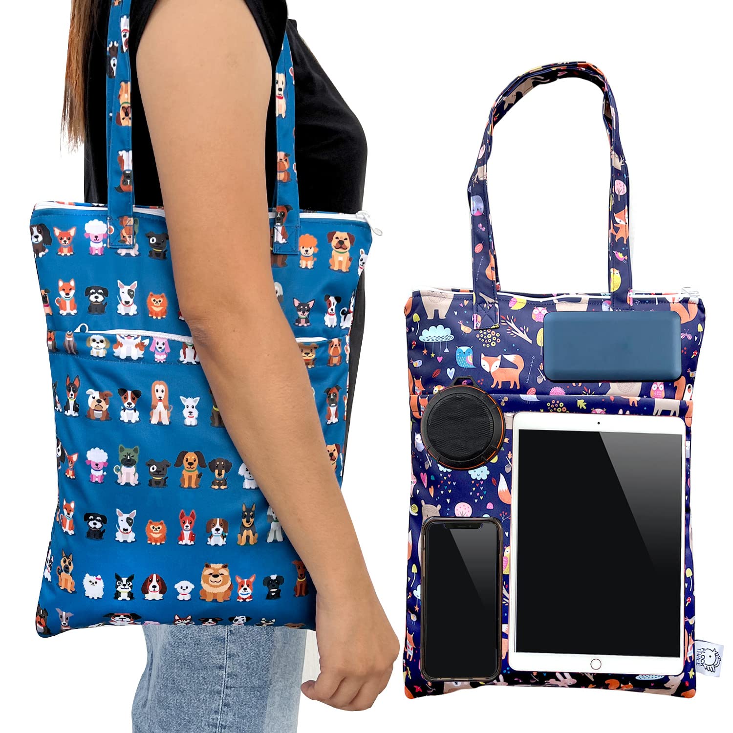 FLOCK THREE 2-Pack Waterproof Wet Dry Bag - Reusable Tote for Baby Diapers, Swimsuits & Travel - Small & Large Sizes for Clothes, Electronics & Toiletries - Cute Animal Prints (Perfect for Beach, Pool, Gym & Daycare)