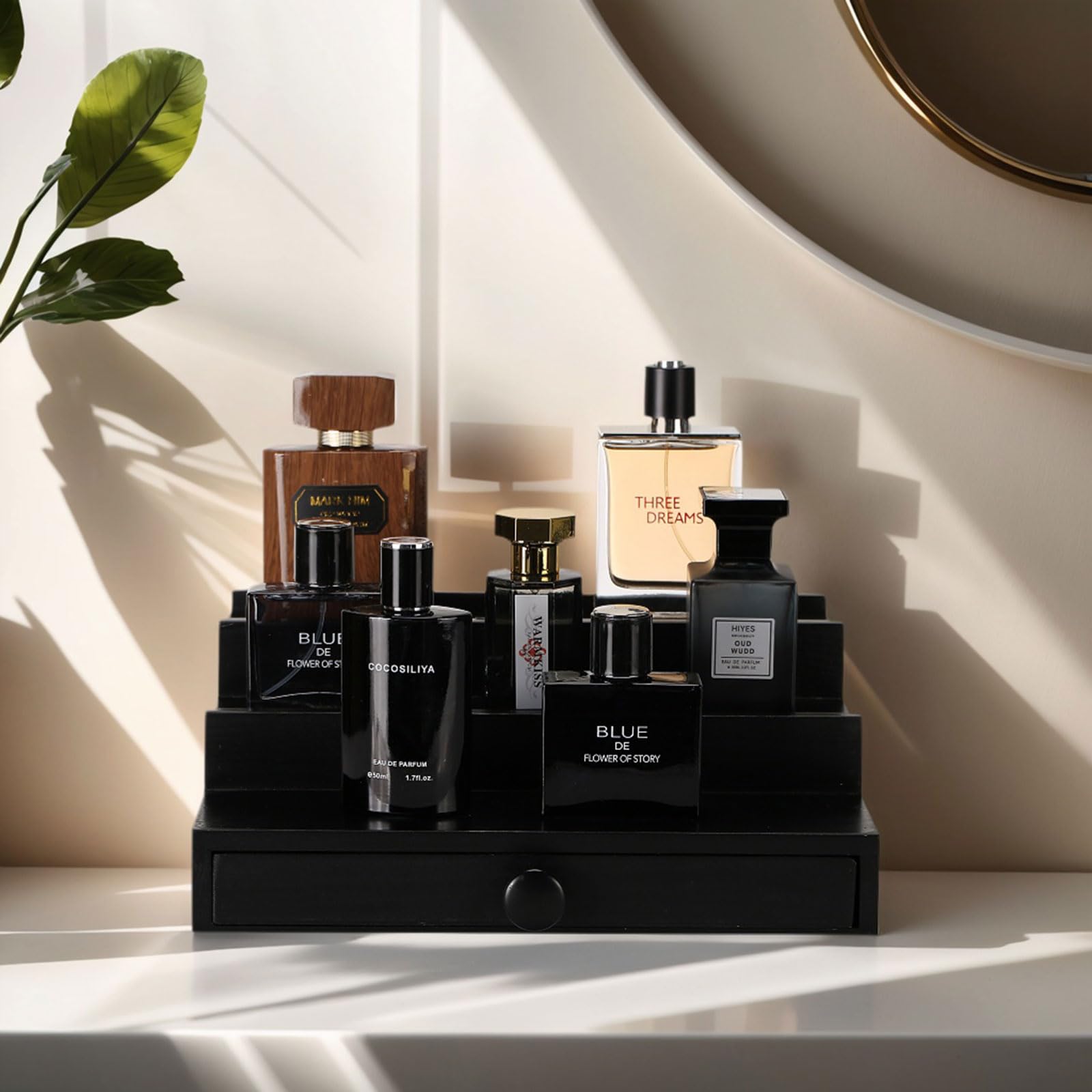 3-Tier Wooden Cologne Organizer for Men with Drawer - Perfume Display Stand for Dresser & Vanity