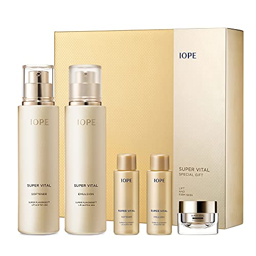 IOPE Super Vital Anti-Aging Skin Care Set - Korean Facial Toner, Lotion & Moisturizer for Hydration & Lifting - Complete Skincare Routine for All Skin Types (2 Full-Size Products + 3 Samples) - Perfect for Daily Skincare & Nighttime Routine