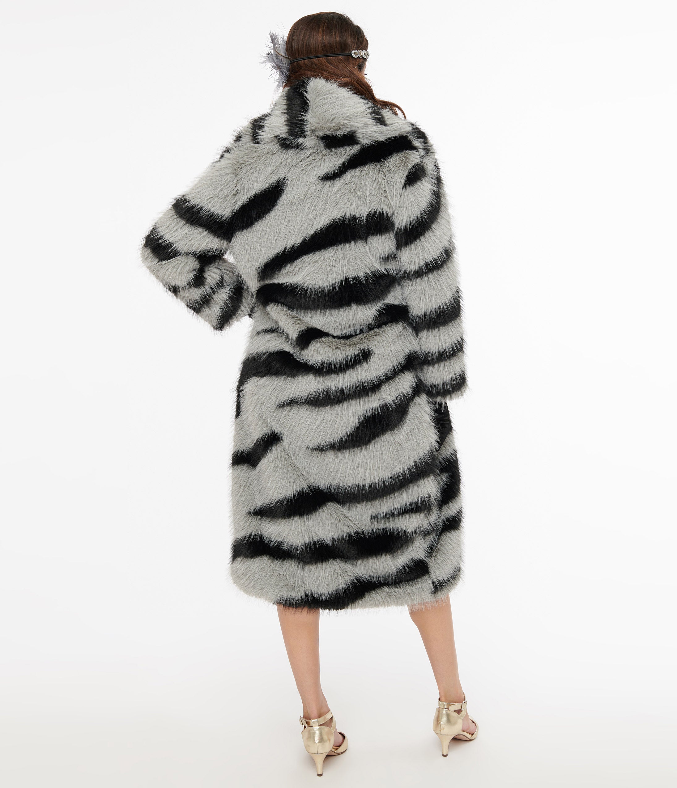 Stylish Grey & Black Zebra Print Long Faux Fur Coat for Women - Winter Fashion Outerwear for Parties, Dates & Cold Weather