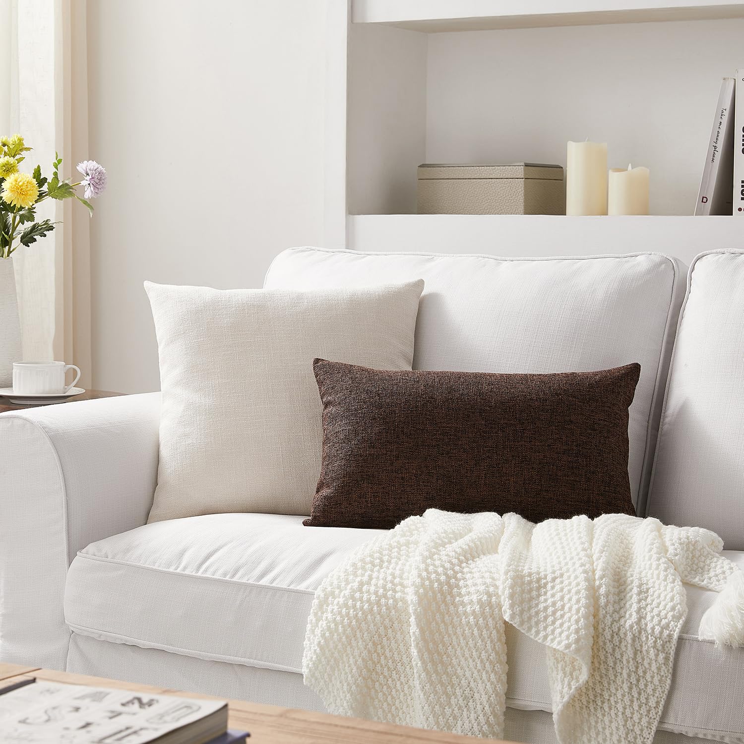 Meekio Set of 2 Ivory Linen Pillow Covers 18x18 Inch - Farmhouse Boho Decorative Throw Pillow Covers for Sofa, Couch, Bed & Home Décor - Soft & Stylish Cushion Covers for Living Room, Bedroom & Nursery