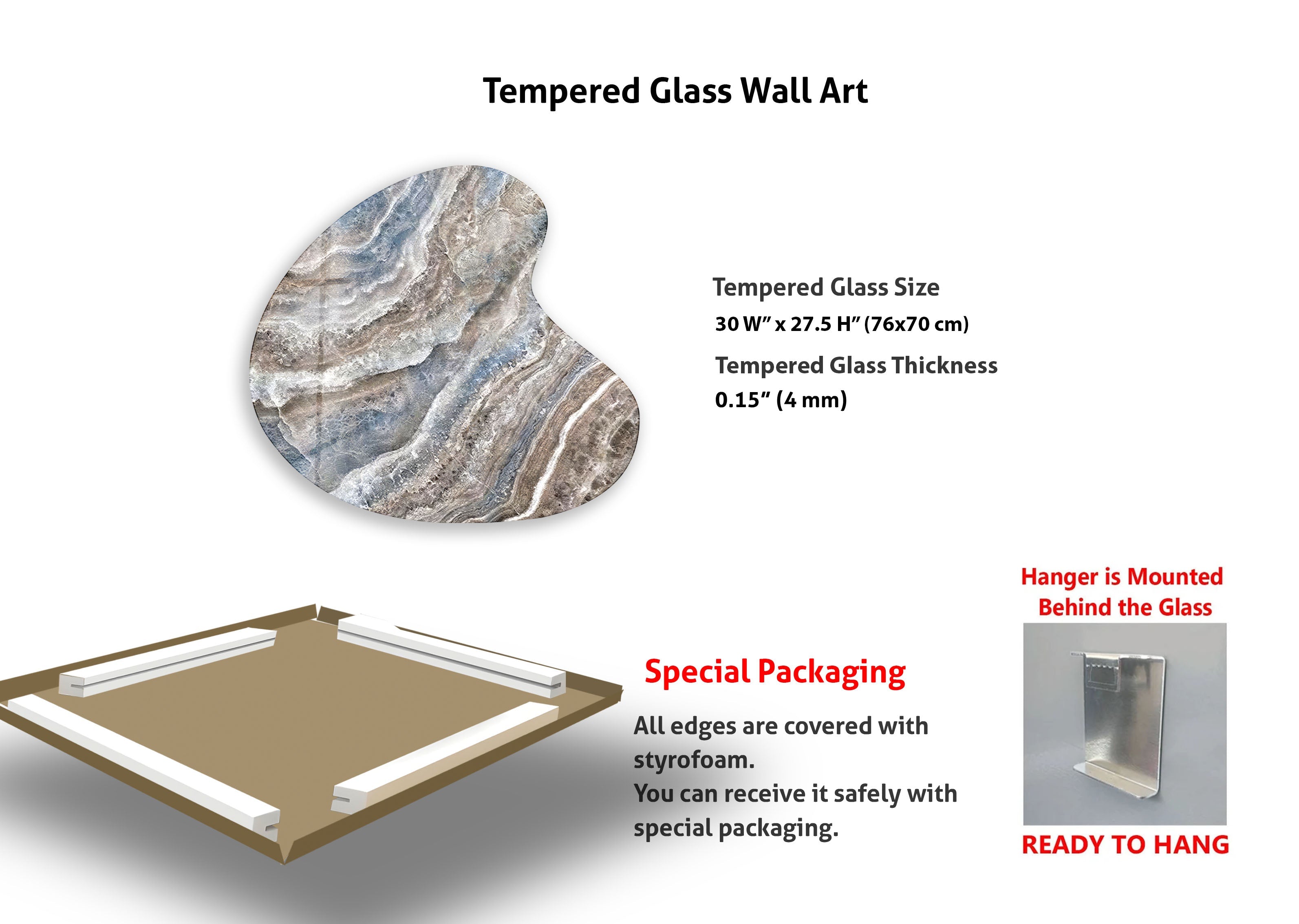 Blue Marble Decorative Irregular Glass Wall Art - Modern Abstract Home Decor for Living Room, Bedroom & Office - Handmade Unique Glass Mosaic Art Piece