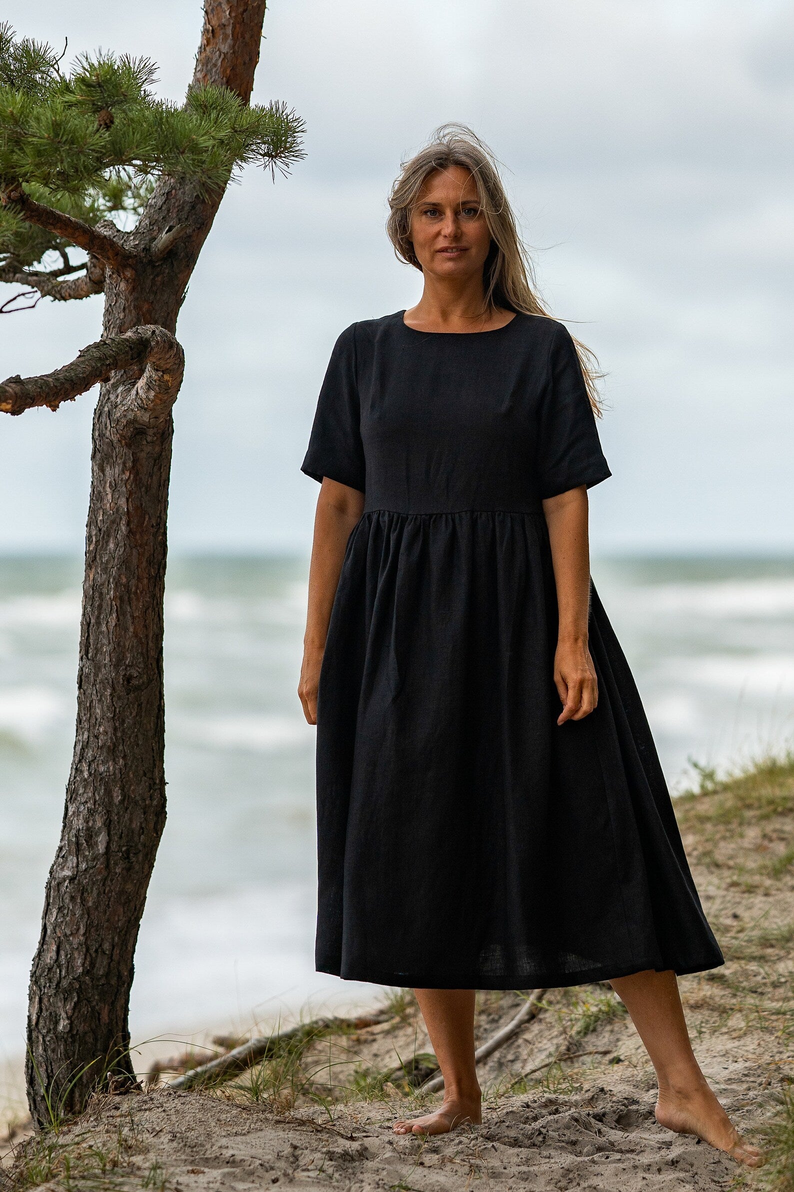 Blue Sky Linen Loose Dress in Black - Comfortable Casual Summer Maxi Dress for Beach, Vacation & Everyday Wear