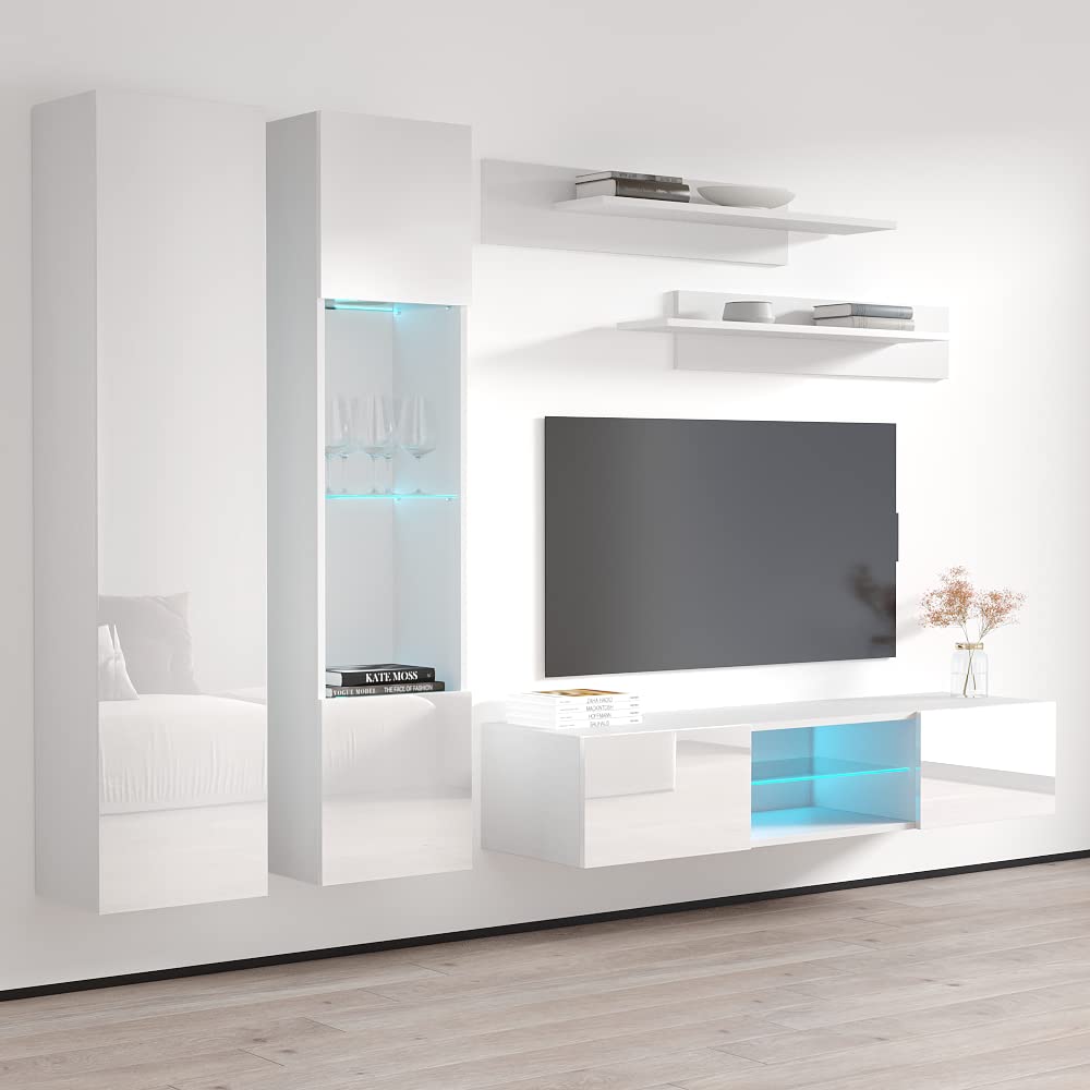 Modern White Wall-Mounted TV Stand with Storage Shelves & LED Lights - Floating Entertainment Center Console for Bedroom & Living Room - Perfect for Small Spaces & Home Theater Setup - Meble Furniture Fly A5 33TV Stand