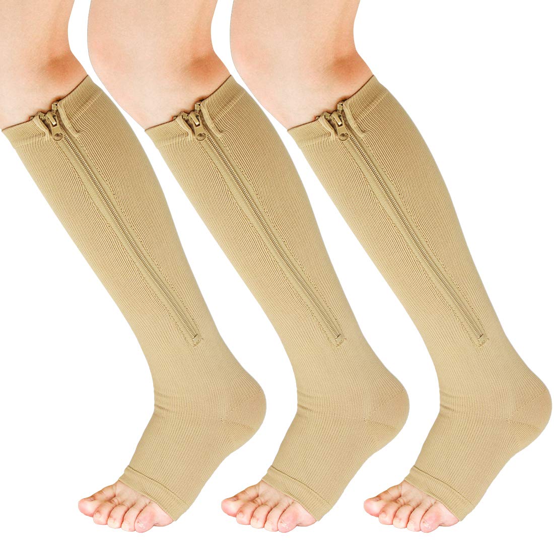 YUSHOW 3 Pairs Open Toe Compression Socks for Women - Breathable Zipper Support Stockings, Knee High Toeless Socks for Circulation, Running & Travel