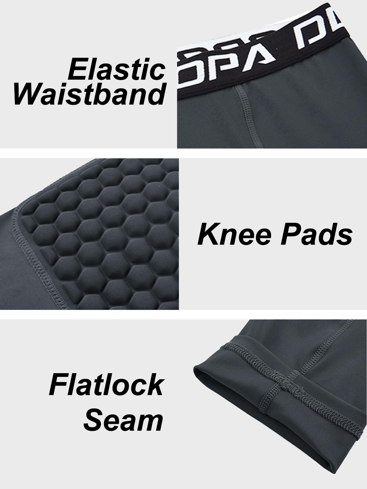 DEVOROPA Youth Boys' Compression Pants with Knee Pads - 3/4 Length Basketball Tights for Sports & Workout - Quick Dry Moisture Wicking Athletic Leggings - Perfect for Basketball, Running, Gym Training & Outdoor Activities