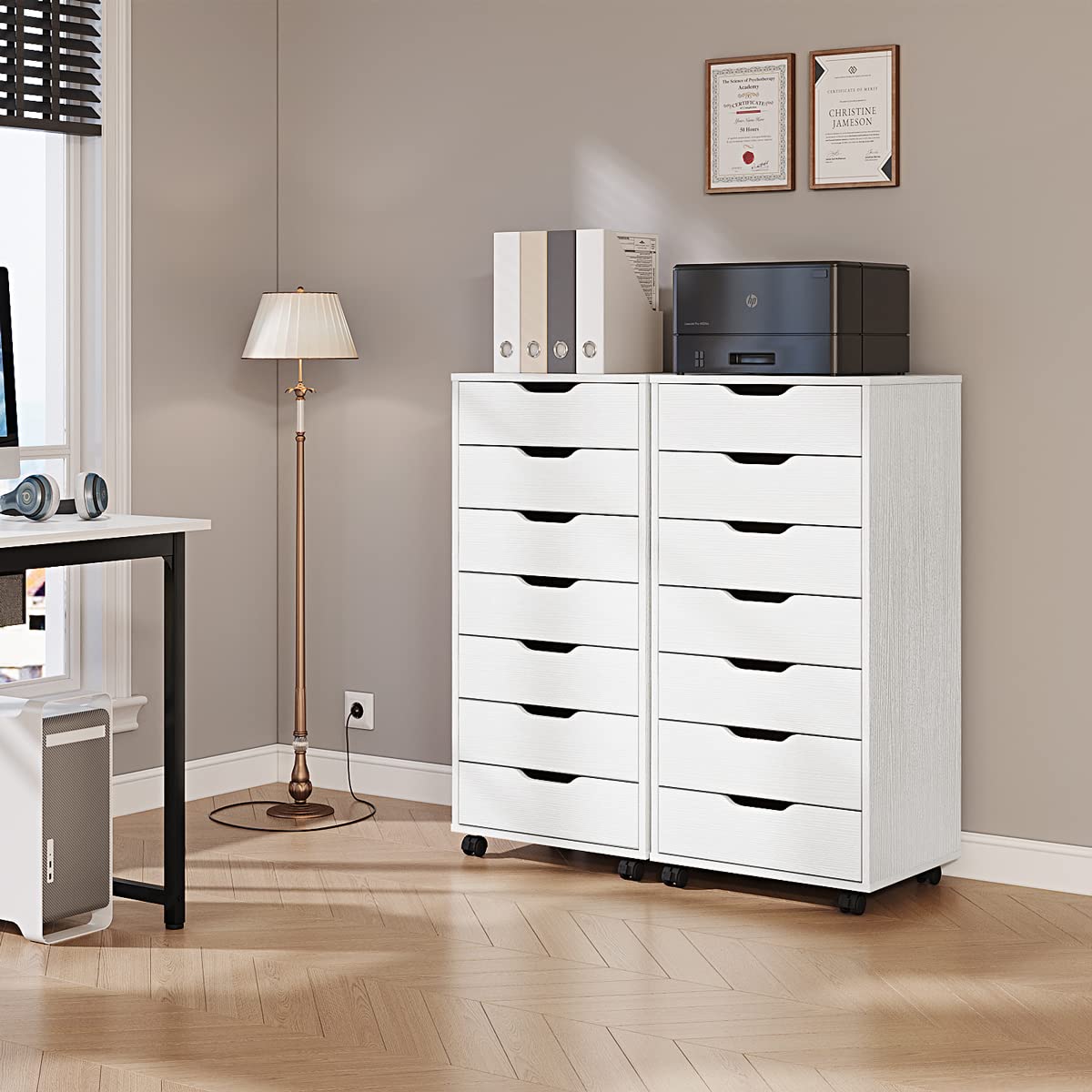 Panana 5/7 Drawer Wooden Chest - Tall Dresser Storage Cabinet with Wheels for Bedroom & Office Organization - White 7-Drawer Dresser for Clothes, Towels & Home Storage