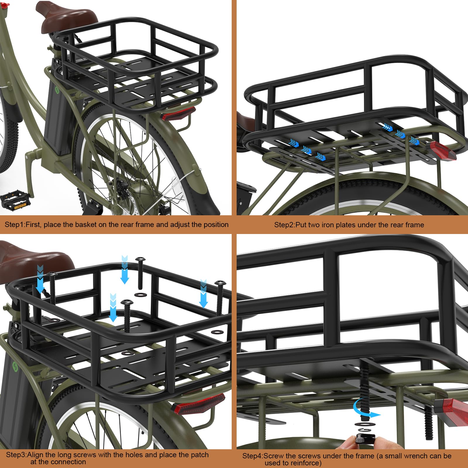**Heavy Duty Rear Bike Basket with Waterproof Cover & Cargo Net - Large Rear Rack Basket for Bicycles & E-Bikes - Perfect for Commuting, Groceries & Outdoor Adventures**