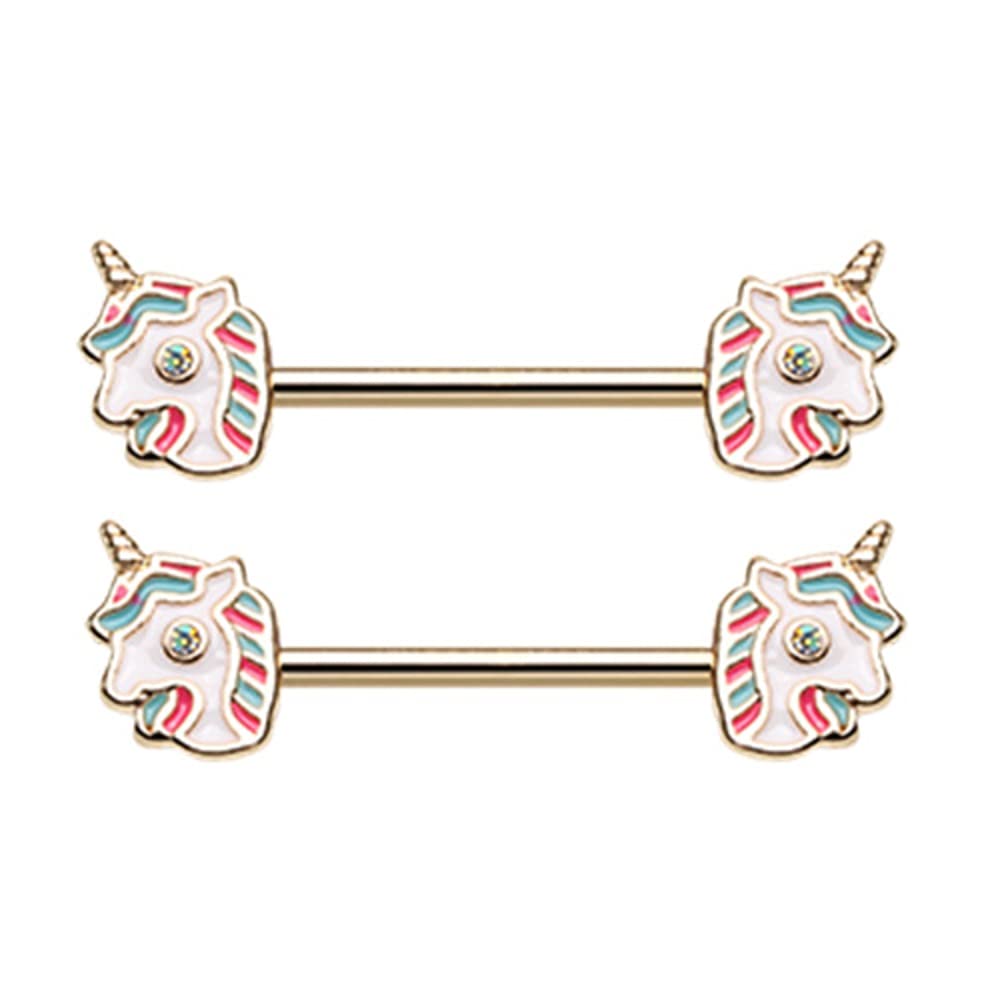 Pierced Owl Cotton Candy Fairytale Unicorn Barbell Nipple Rings - Pair of Colorful Body Jewelry for Women | Perfect for Parties, Festivals & Unique Style Expression