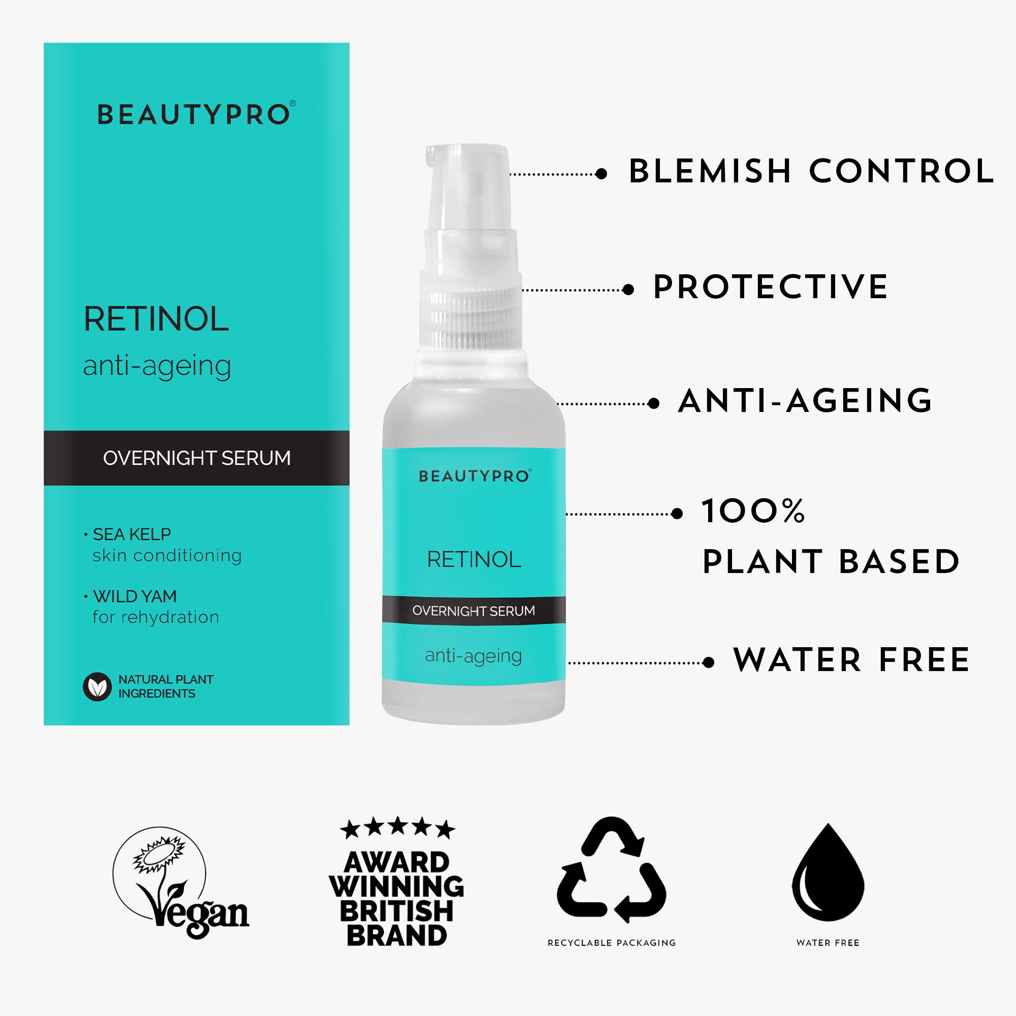 BEAUTYPRO Retinol Face Serum - Overnight Anti-Aging Moisturizer with Antioxidants | Reduces Wrinkles, Firms Skin & Diminishes Blemishes | Vegan, Natural Skincare for Sensitive Skin | 30ml | Perfect for Nighttime Routine & Daily Anti-Aging Care