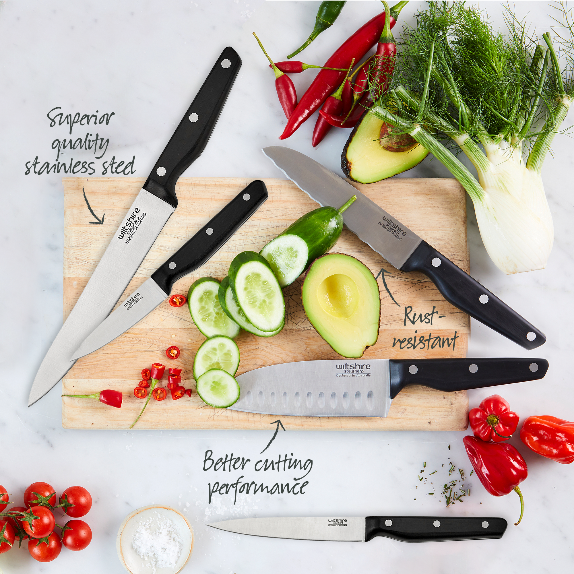 Staysharp Triple Rivet Knife Block Set - 6 Piece Stainless Steel Kitchen Knives with Wooden Holder for Professional Chefs & Home Cooking | Perfect for Slicing, Dicing & Meal Prep