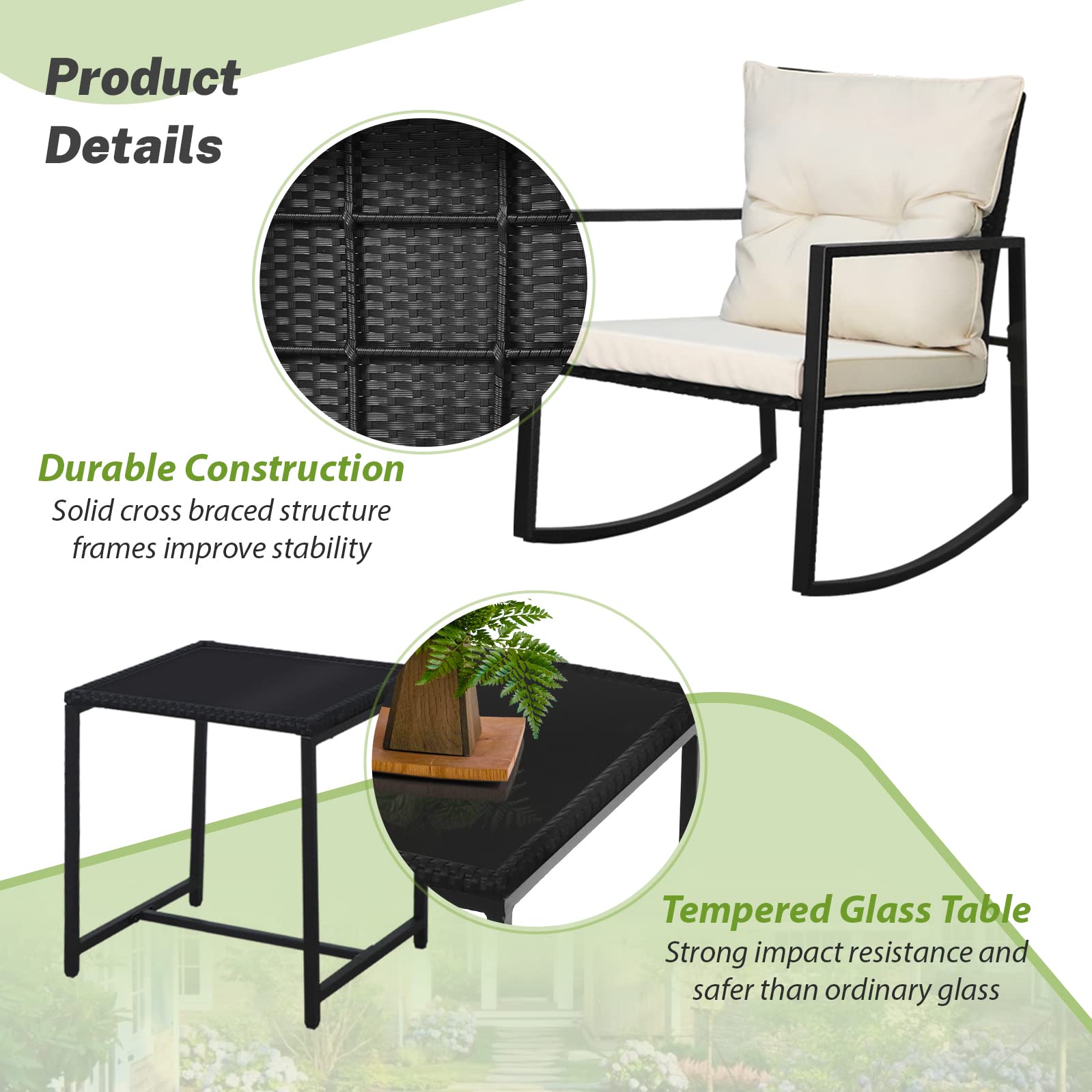 SUNCROWN 3-Piece Outdoor Rocking Bistro Set - Black Wicker Patio Furniture with Glass Coffee Table, Beige Cushions - Perfect for Porch, Garden, and Backyard Relaxation