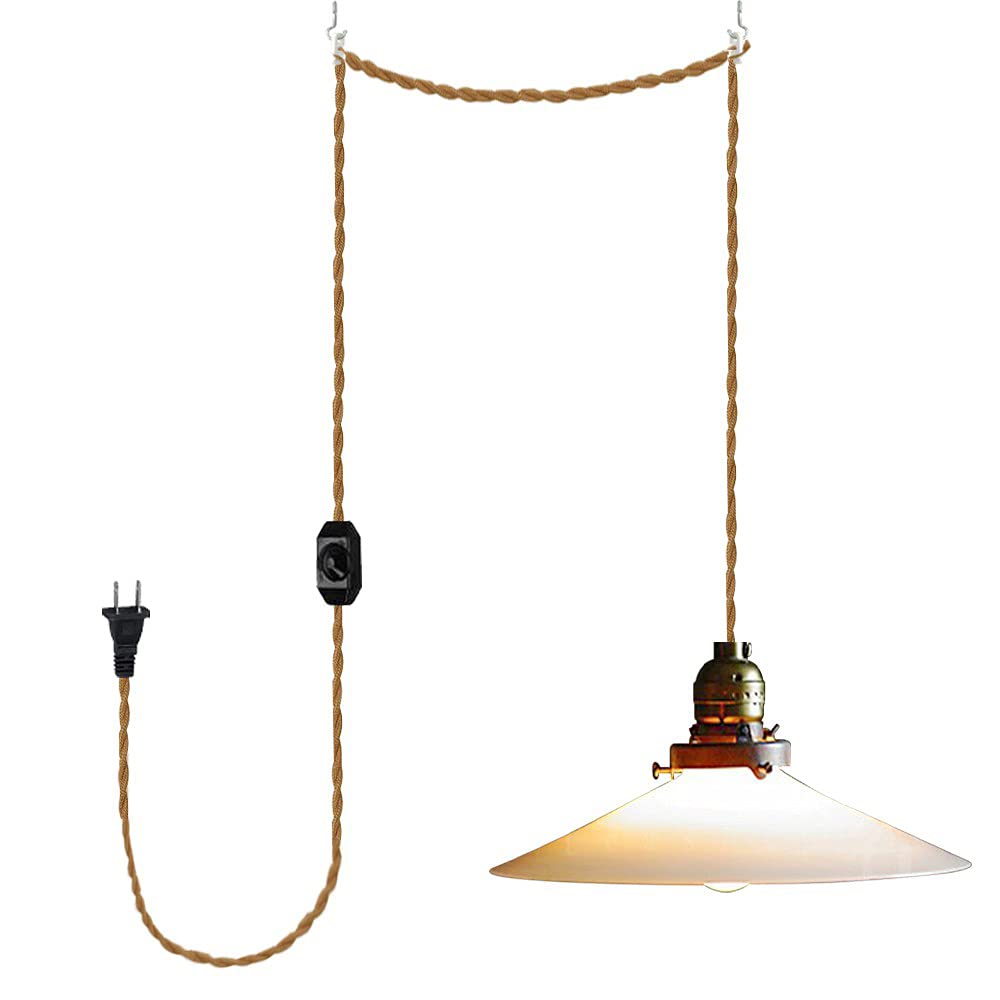 Vintage Retro Plug-in 15 Ft Dimmer Switch Pendant Light - Brown Twisted Cord with E26 Base & White Glass Shade - Perfect for Bay Window, Restaurant Aisle, Laundry Room Lighting (Bulb Not Included)