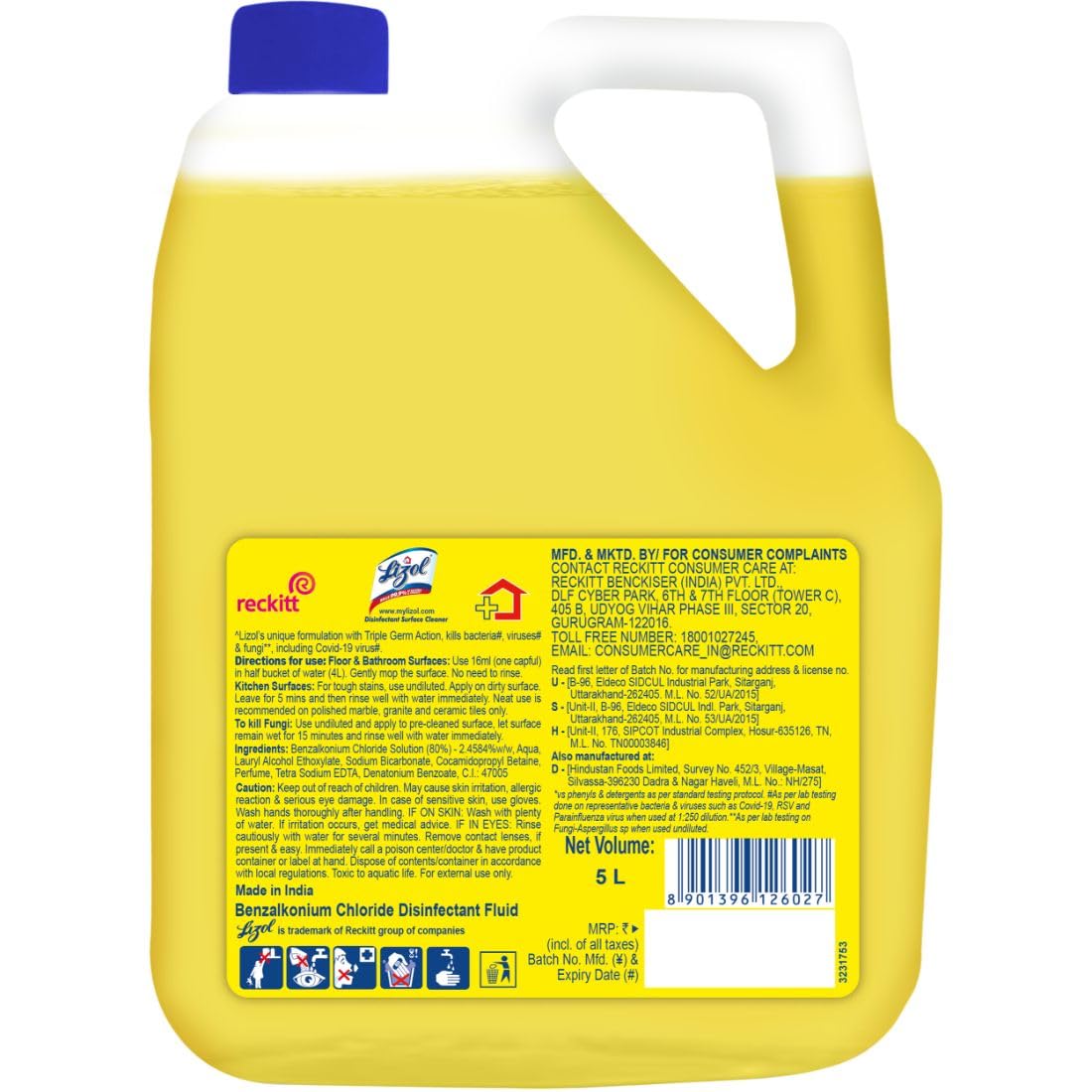 Lizol Disinfectant Surface Cleaner & Floor Cleaner Liquid, Citrus Scent - 5L Bottle + Kitchen Power Cleaner Spray - 450ml | Kills 99.9% Germs & Bacteria | Deep Cleans Stove, Chimney, Sink & Countertops | Ideal for Home, Kitchen & Bathroom Disinfection