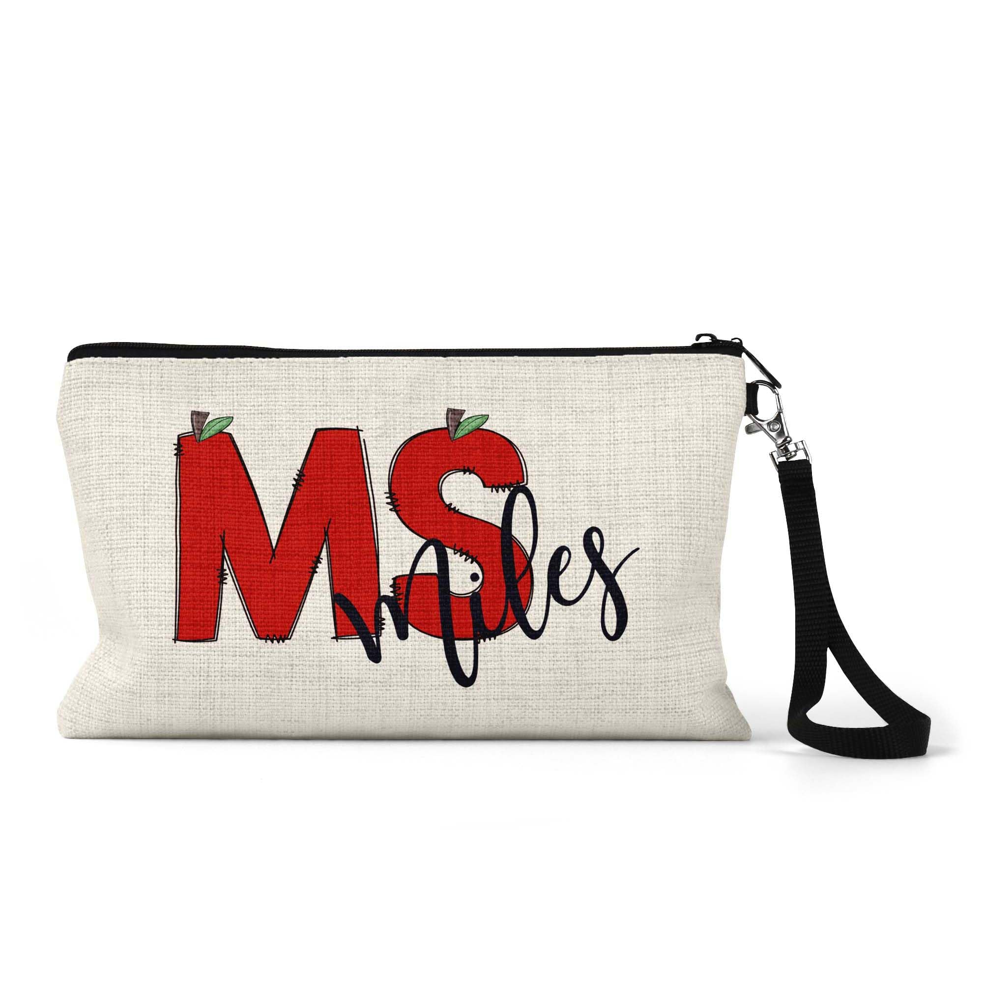 Personalized Apple Teacher Gift Wristlet Makeup Bag - Cosmetic Zippered Pouch Tote for Women - Back to School Appreciation Present - Perfect for Teachers, Educators & School Staff (Great for Classroom Storage, Travel & Daily Essentials)