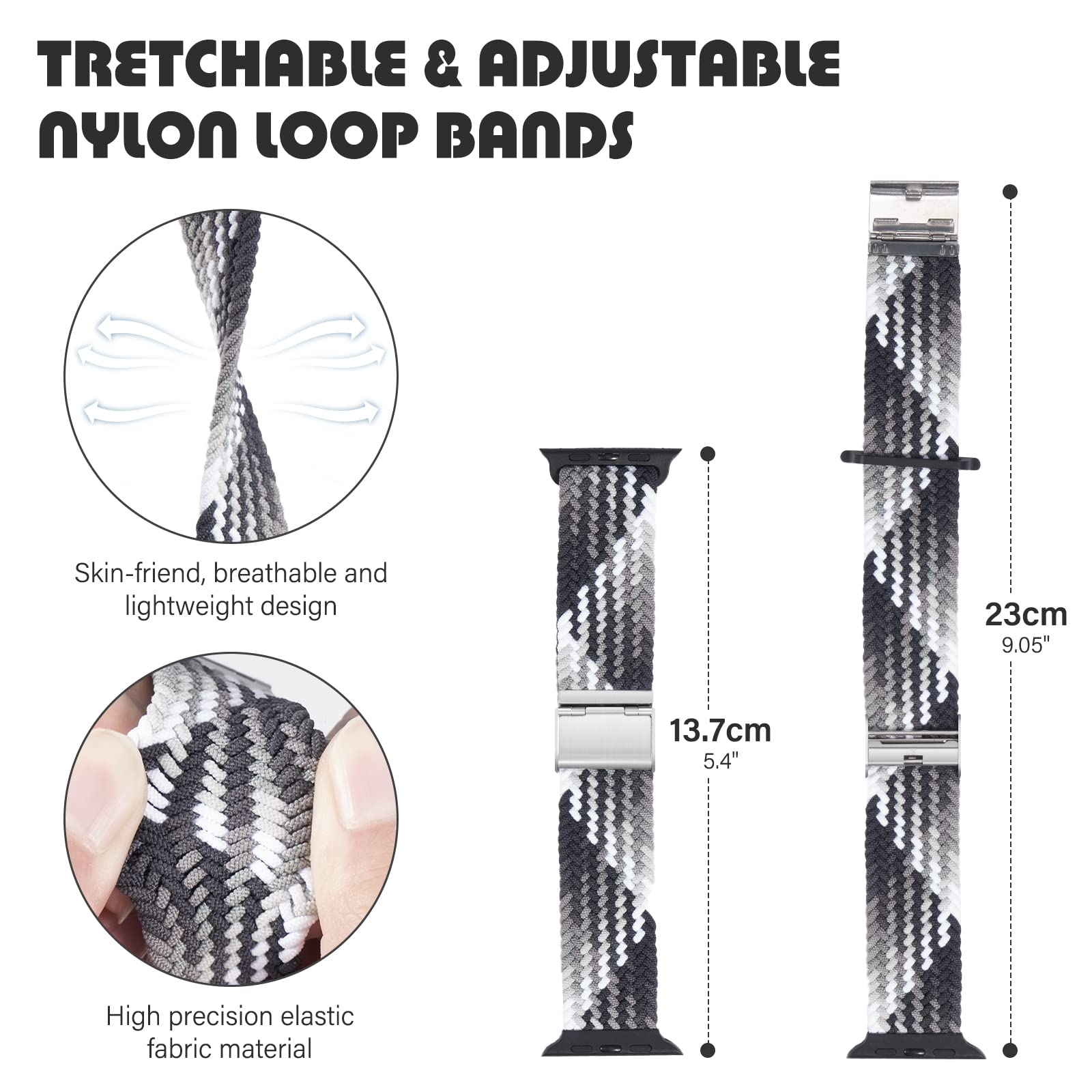 Braided Nylon Apple Watch Bands for Series 9/8/7/6/5/4/3/2/SE/Ultra/Ultra 2 - Adjustable Breathable Strap (38mm/40mm/41mm/42mm/44mm/45mm/49mm) for Women & Men - Perfect for Workouts, Running & Everyday Wear