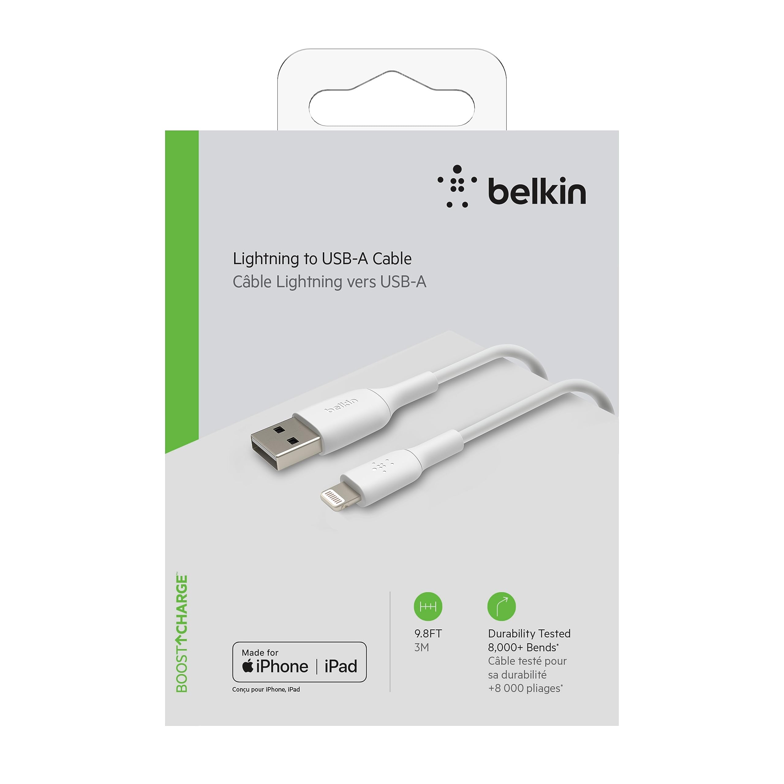 Belkin BoostCharge 3M MFi Certified Lightning Cable for iPhone - Fast Charging USB to Lightning Cord - Durable 9.8ft iPhone Charger Cable (White) - Perfect for Home, Office & Travel Charging