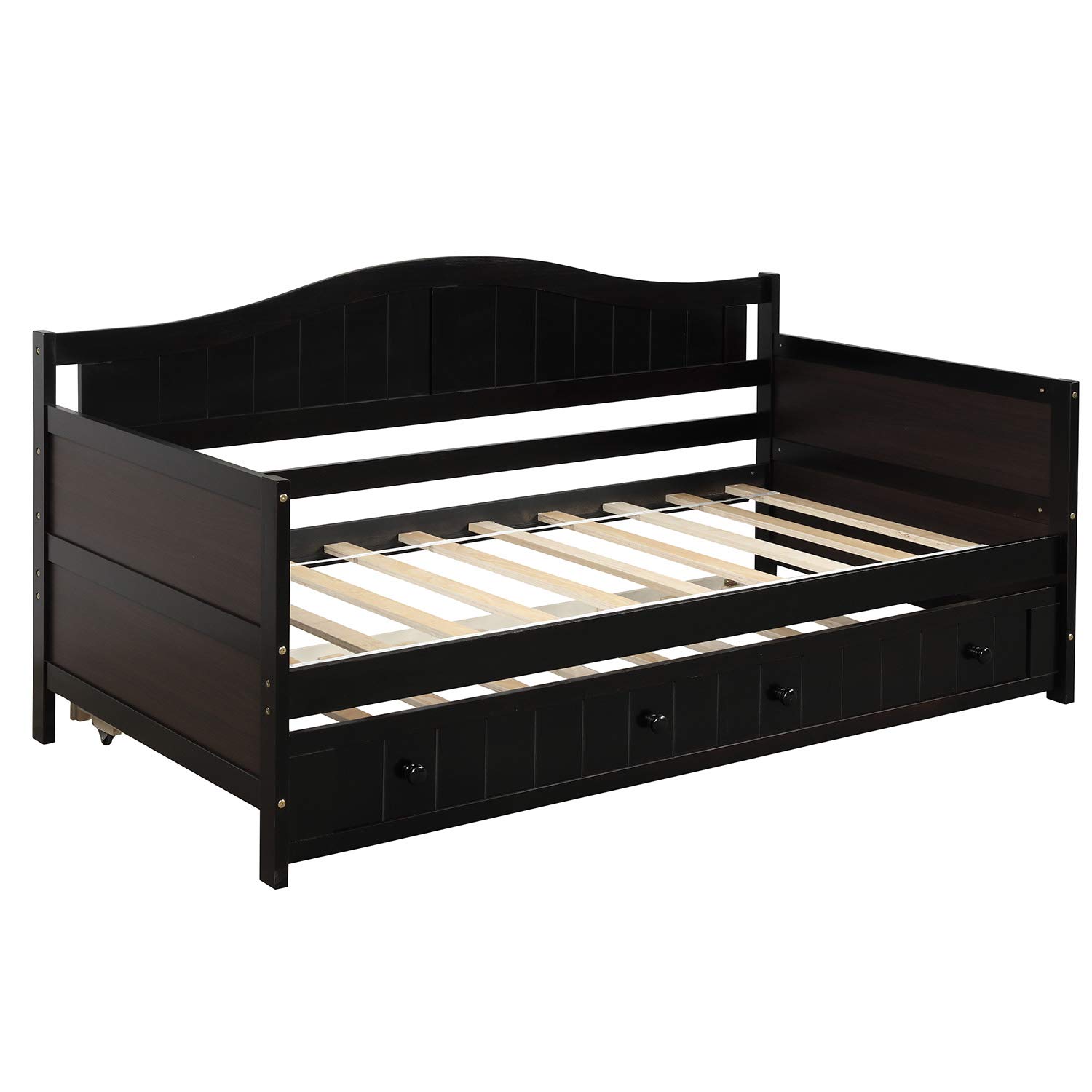 TRIPLE TREE Wooden Twin Daybed Frame with Trundle - Sturdy Wood Sofa Bed for Kids, Teens & Adults | 10-Slat Platform Support | No Box Spring Needed | Espresso Finish | Perfect for Small Spaces, Guest Rooms & Living Rooms