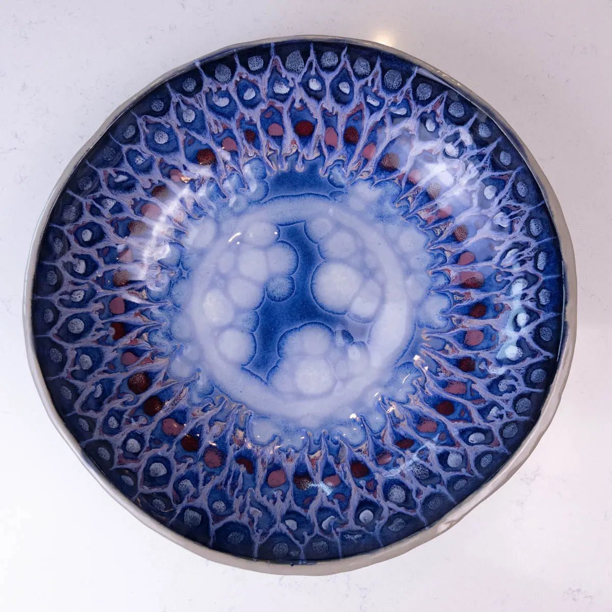 XXL Gray Stoneware Serving Bowl - Handcrafted Decorative Bowl with Blues, Roses & Whites Design (Alchemy Collection) - Perfect for Farmhouse Dining, Rustic Decor & Gift Giving
