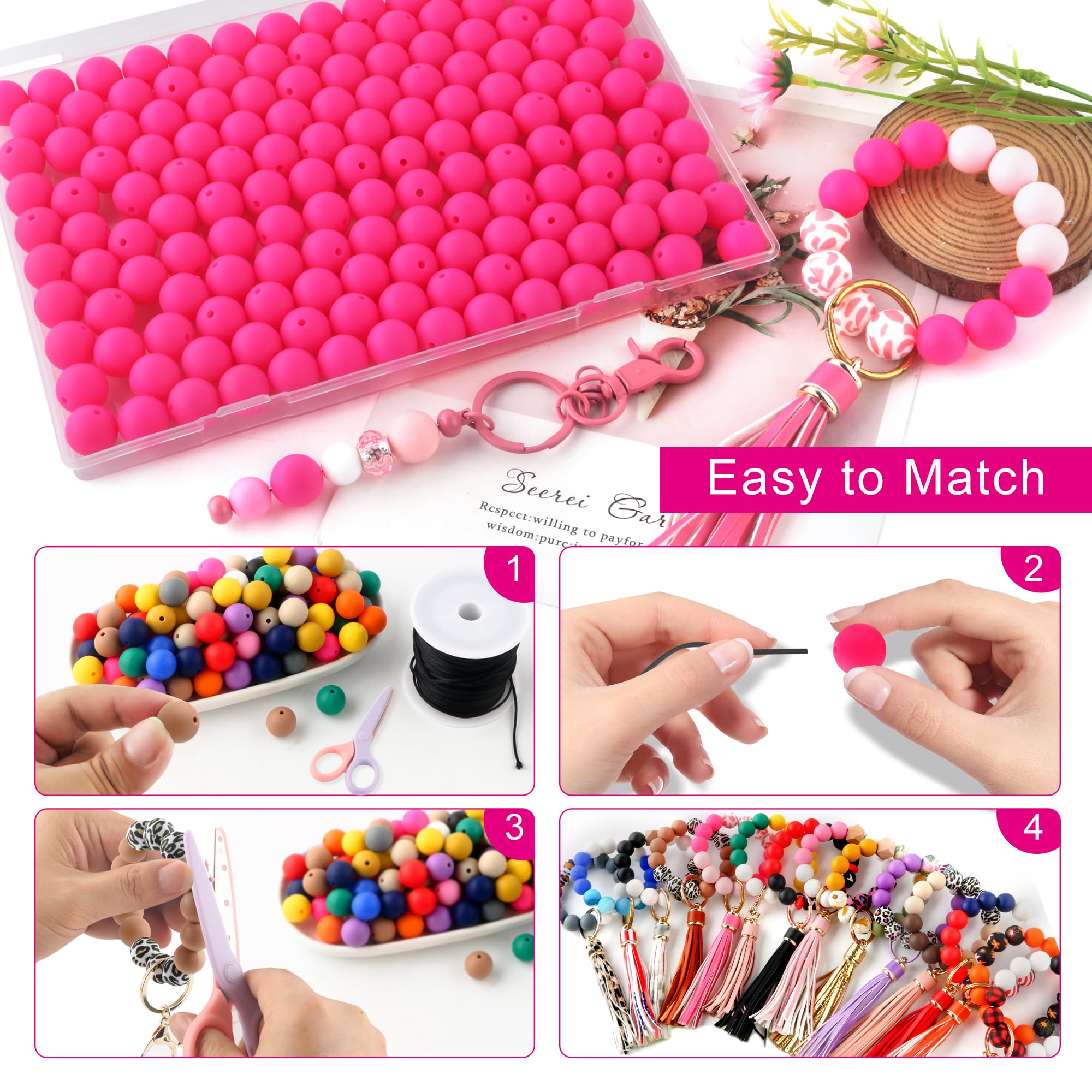 150Pcs 15mm Round Silicone Beads Bulk for DIY Keychains, Bracelets, Necklaces & Pen Decorations - Vibrant Hot Pink Beads for Jewelry Making & Craft Projects - Perfect for Gifts, Party Favors & Creative DIY Accessories