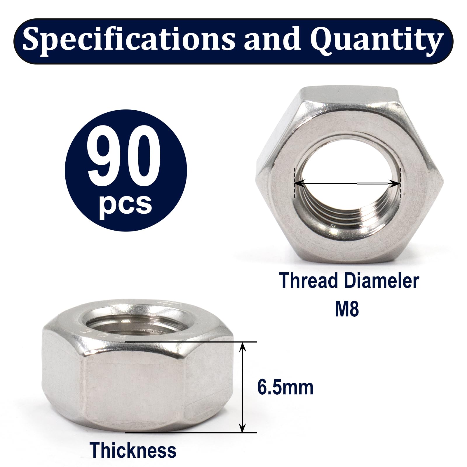 90 Pack M8-1.25mm Hex Nuts 304 Stainless Steel (A2-70) - Metric Coarse Thread Hardware Nuts for Automotive, Machinery & DIY Projects