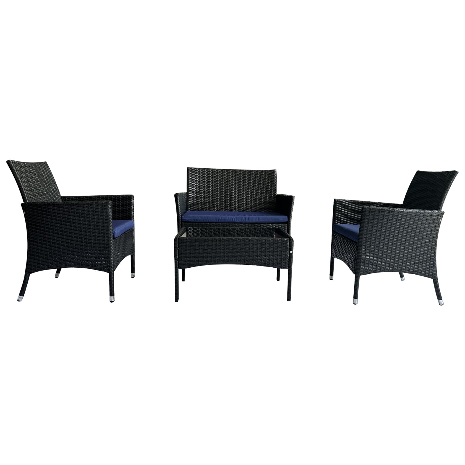 4-Piece Outdoor Sectional Patio Furniture Set with Rattan Wicker Chairs & Comfortable Cushions - Coffee/Blue - Perfect for Backyard, Garden, Poolside & Outdoor Entertaining