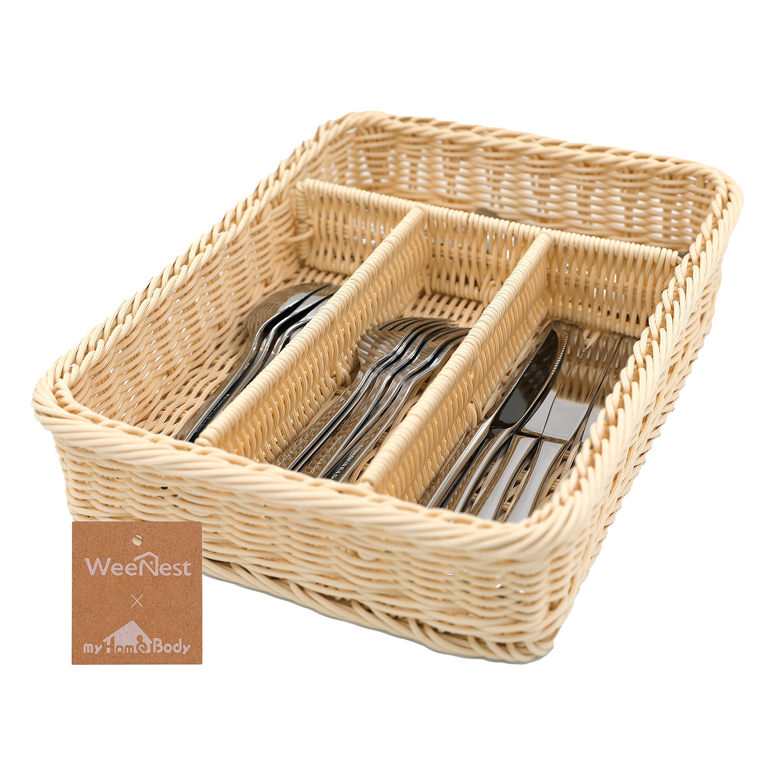 myHomeBody Rectangle Wicker Utensil Holder - Kitchen Cutlery Organizer for Drawers & Countertops | Cream-Colored Storage Basket for Spoons, Forks & Cooking Tools | Perfect for Kitchen Organization & Decluttering (1 pc)