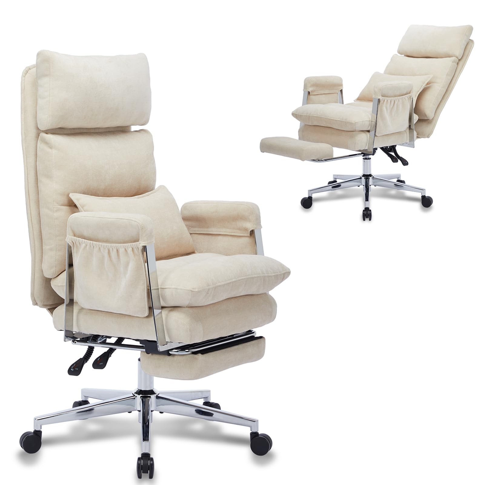 Big and Tall Ergonomic Office Chair with Footrest - High Back Reclining Computer Chair with Lumbar Support & Spring Cushion - Chenille Fabric Executive Chair for Home Office - Perfect for Long Work Hours & Gaming Sessions (Beige)