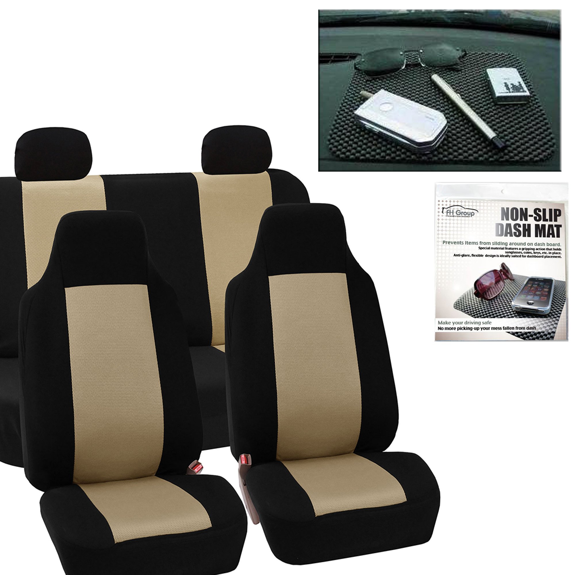 FH Group Universal Car Seat Covers Set - Beige Cloth for SUV, Sedan, Van | Durable & Comfortable for Daily Driving