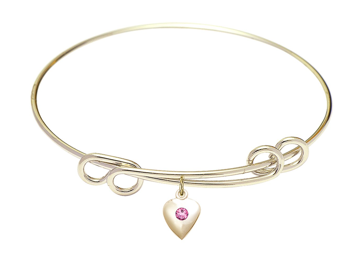8 1/2 Inch Round Double Loop Bangle Bracelet with Heart Charm & Rose Crystal - Elegant Jewelry for Women, Perfect for Valentine's Day, Anniversary, Wedding, or Everyday Wear