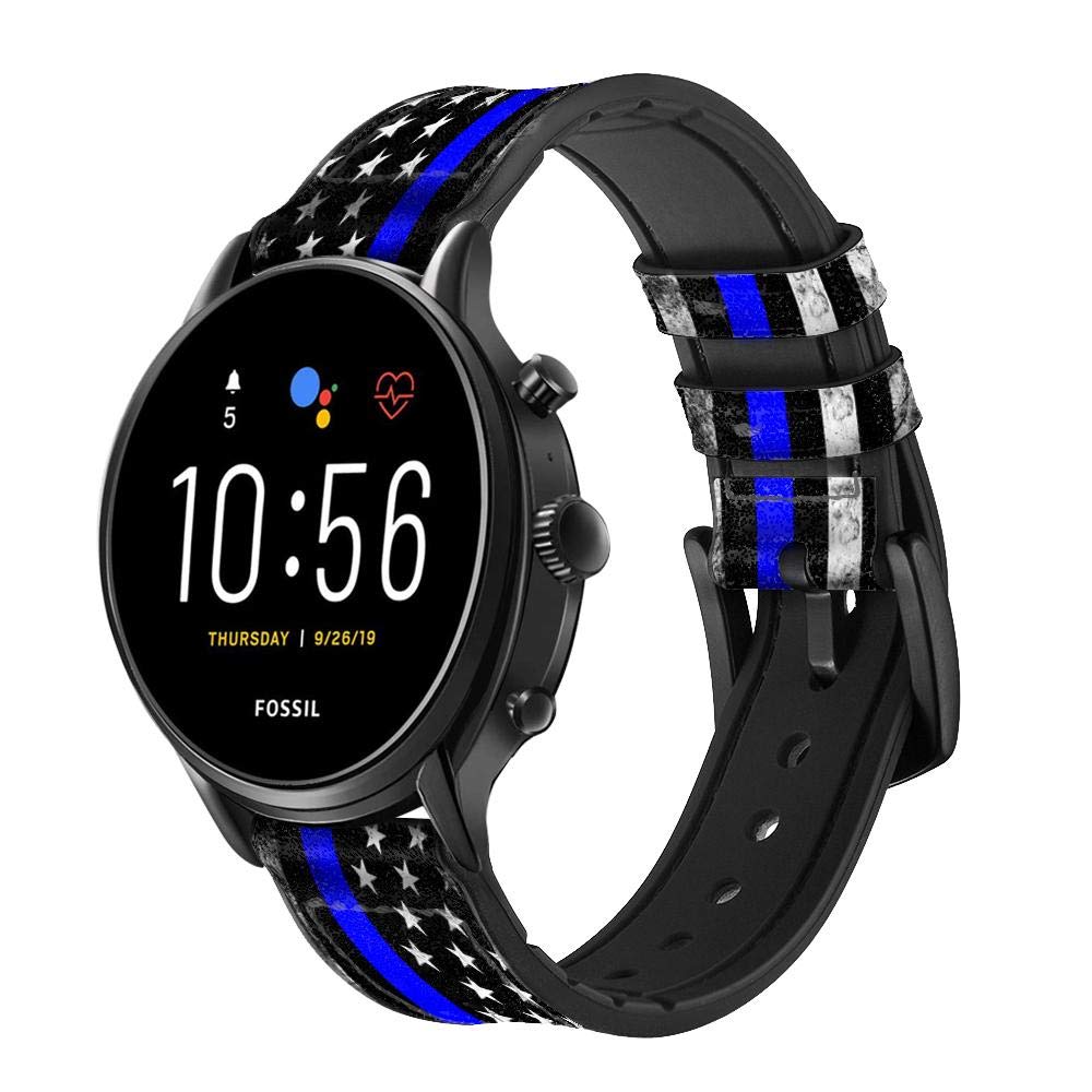 Thin Blue Line USA Leather & Silicone Smart Watch Band for Fossil Gen 5E, Gen 5, Gen 4 Sport, Hybrid Smartwatch HR - Compatible with Neutra, Collider & Women's Gen 5 (22mm) - Durable & Stylish Replacement Strap for Workouts, Office & Everyday Wear