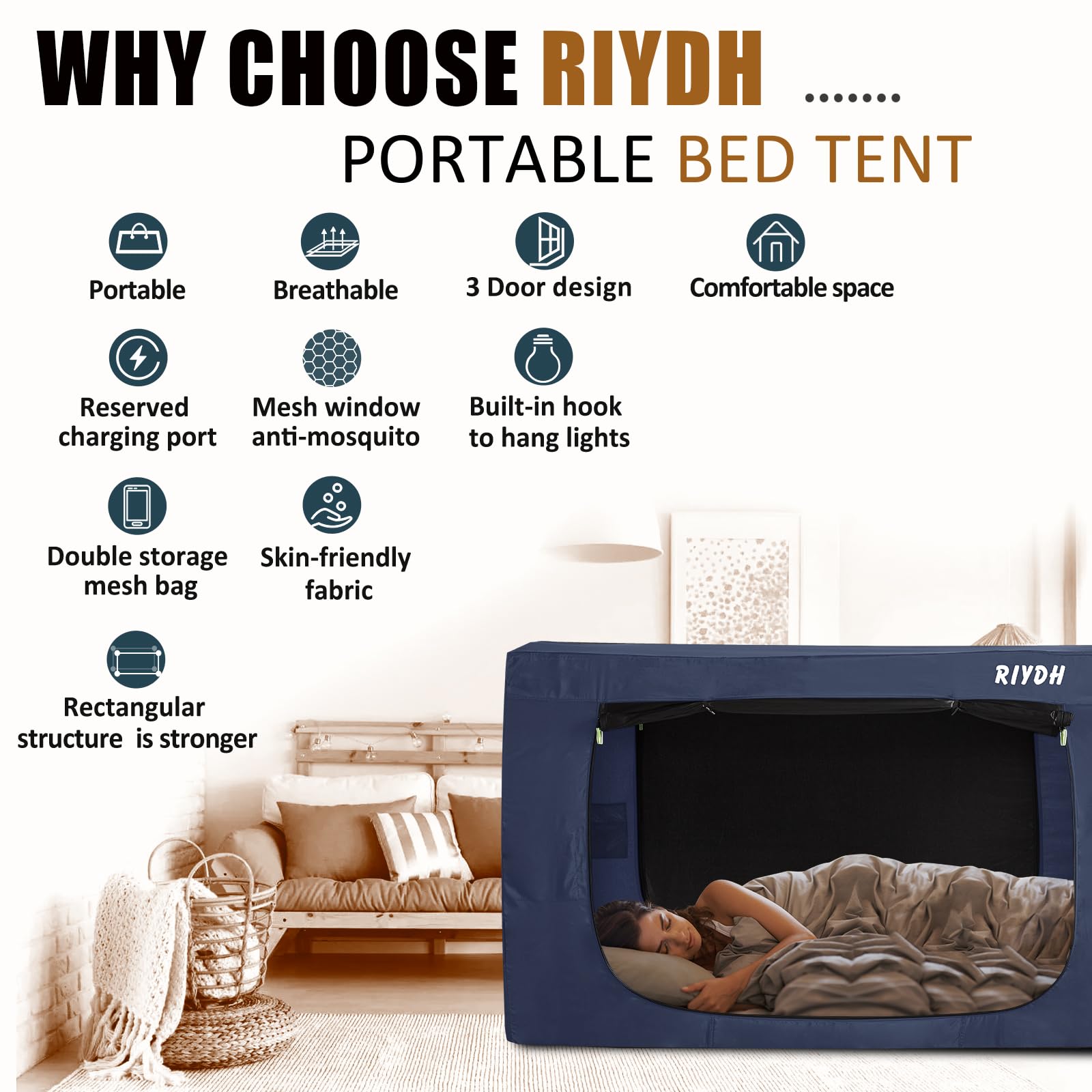Queen Size Bed Canopy Tent - Portable Blackout Sleeping Tent for Adults & Kids, 93% Light Blocking with 3 Breathable Doors | Perfect for Indoor Camping, Privacy Space, and Cozy Bedroom Retreats