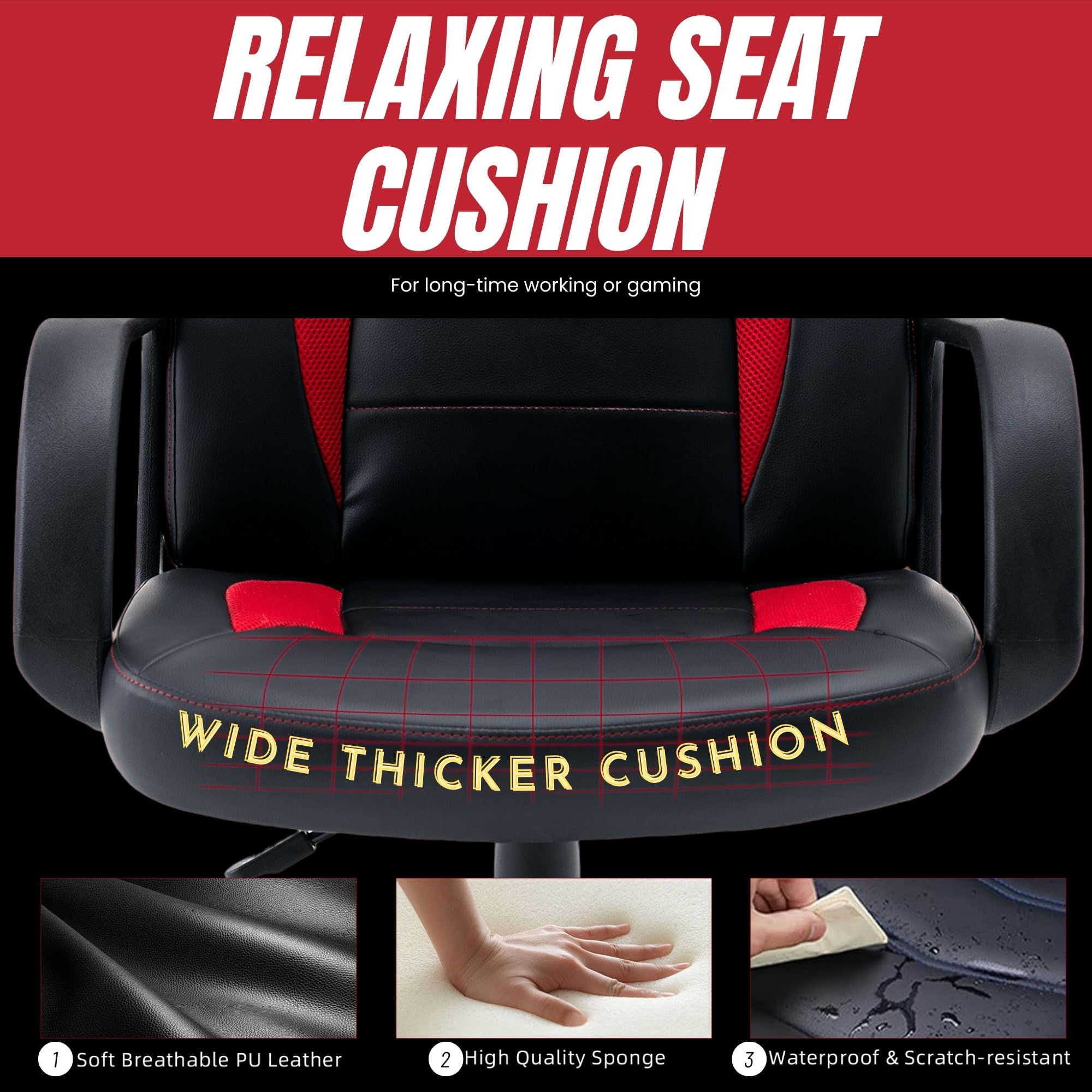 Ergonomic Gaming Chair with Lumbar Support - High Back PU Leather Office Chair for Adults & Teens - Adjustable Swivel Computer Desk Chair for Home, Gaming & Work - Black & Red Racing Style
