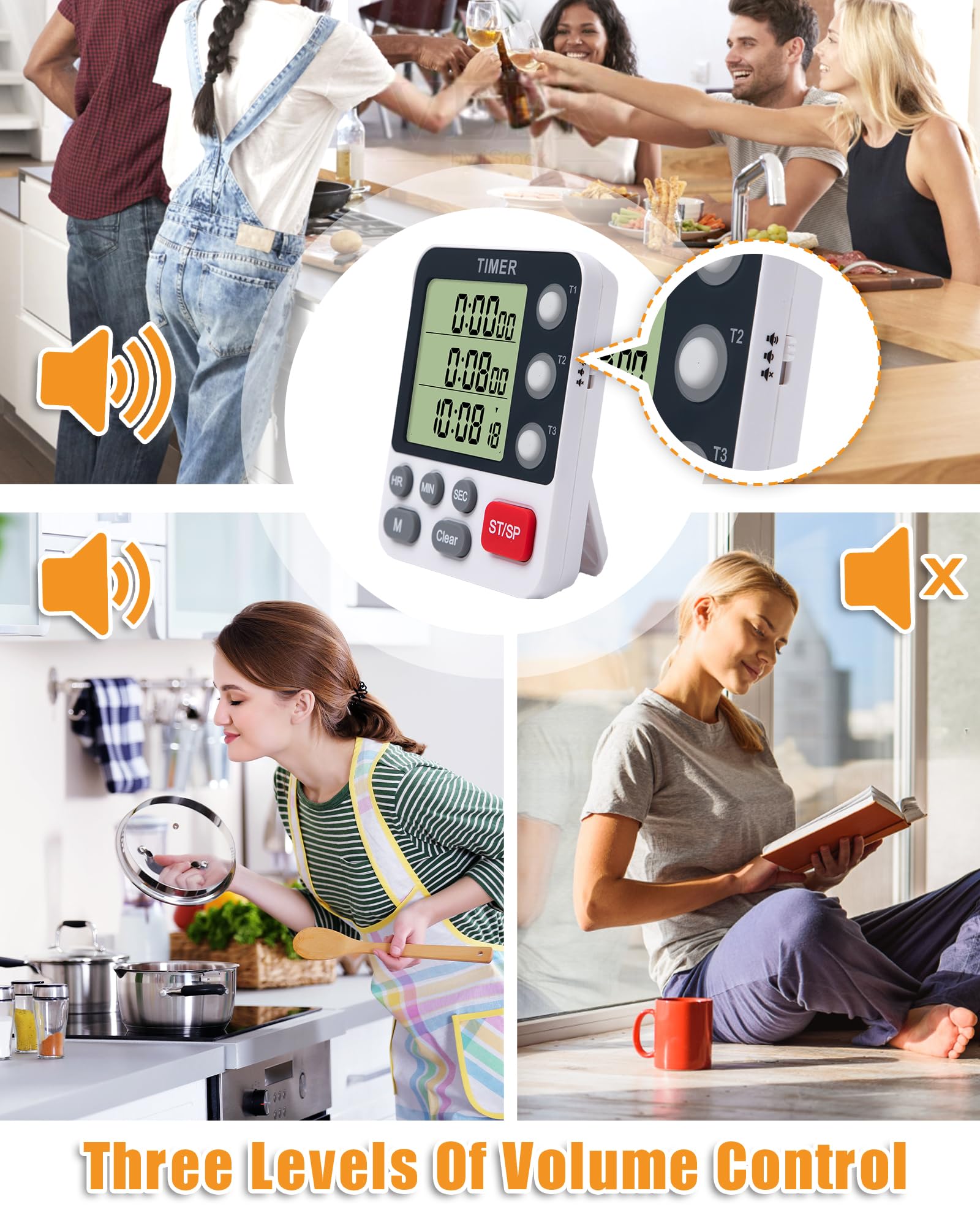 3-Channel Digital Kitchen Timer with Alarm - Large Display, Magnetic Back, Replaceable 3A Battery - Loud Cooking Timer for Baking, Meal Prep & Multitasking (Modern White Design)
