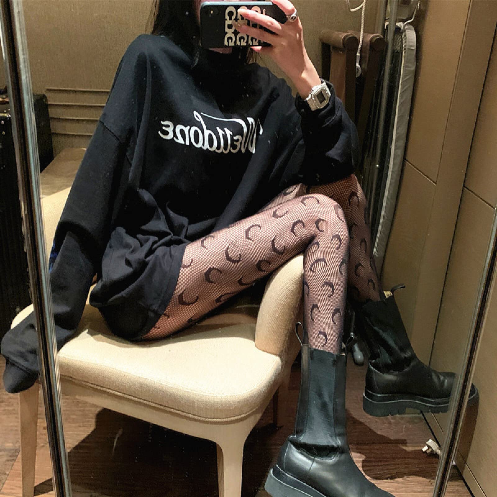 LANWE Women's Control Top Stockings - Sexy Black Fishnet Pantyhose with Moon Hollow Jacquard Pattern, One Size Fits All | Perfect for Date Night, Cosplay & Fashion Outfits