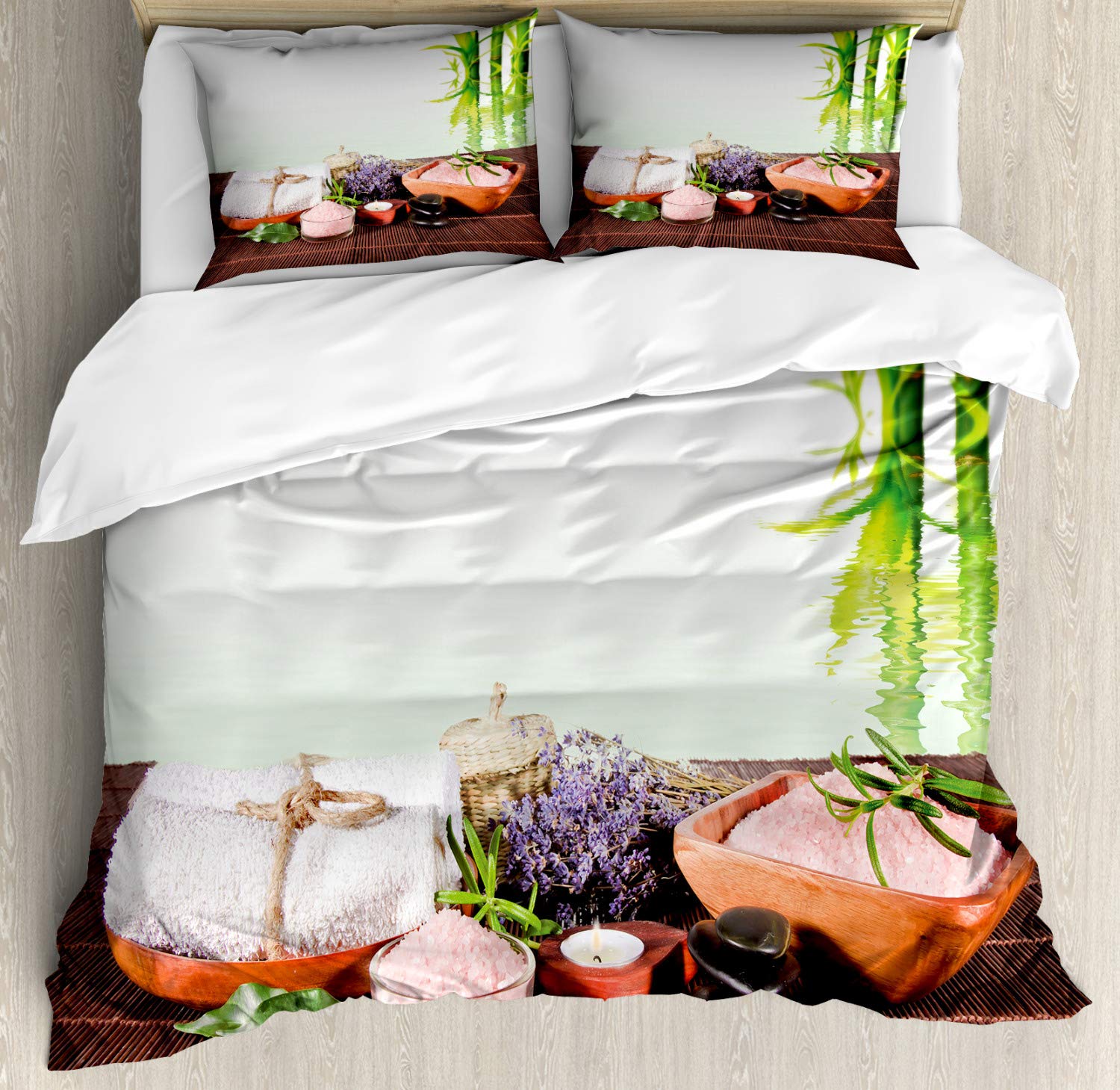Ambesonne Spa Themed 3-Piece Duvet Cover Set - Tree Design with Towel, Flowers, Candles & Massage Stones - Queen Size White Brown Green Bedding for Relaxing Spa-Inspired Bedroom Decor