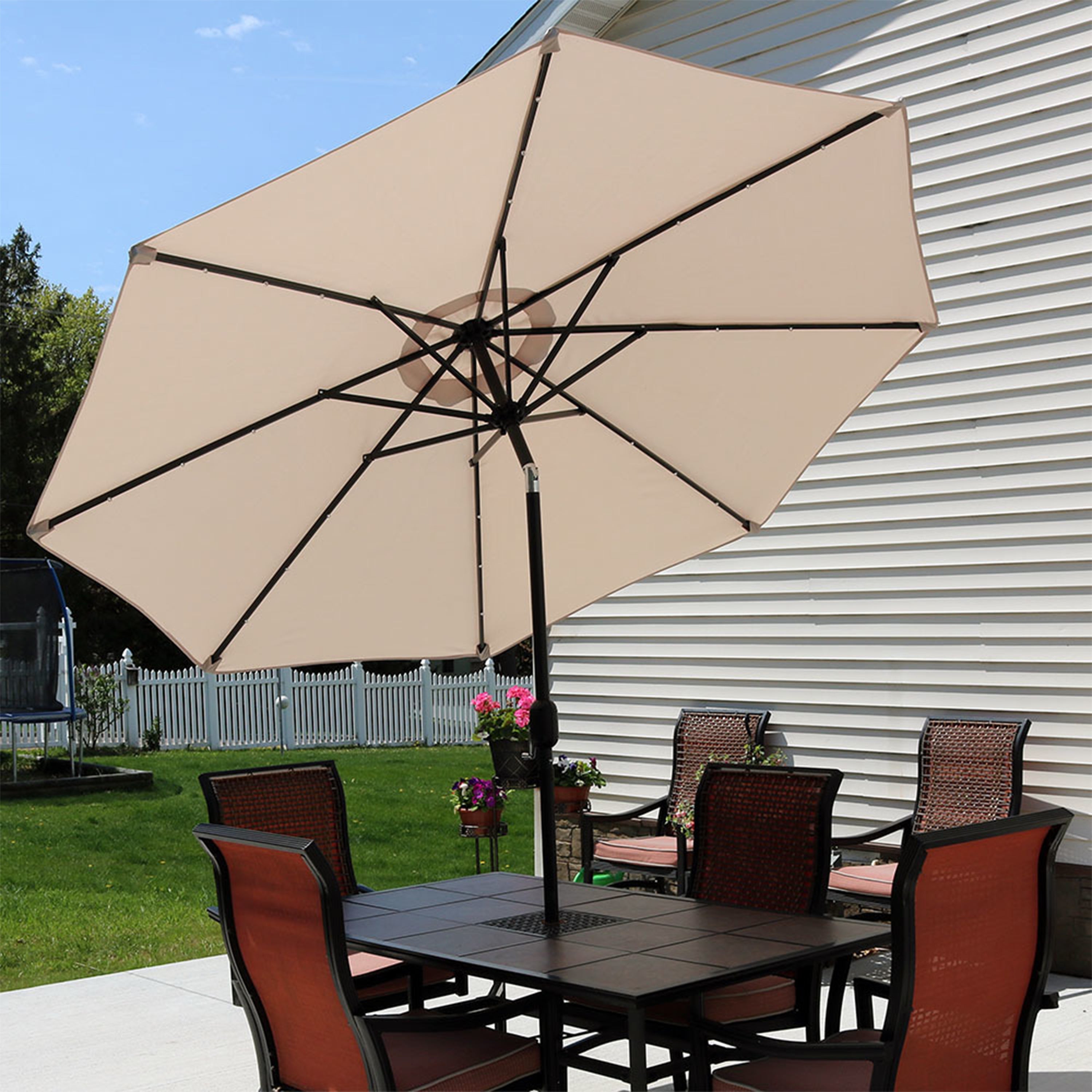 Sunnydaze 9-Foot Solar LED Outdoor Patio Umbrella with Tilt & Crank - Perfect for Poolside, Backyard, and Garden Relaxation