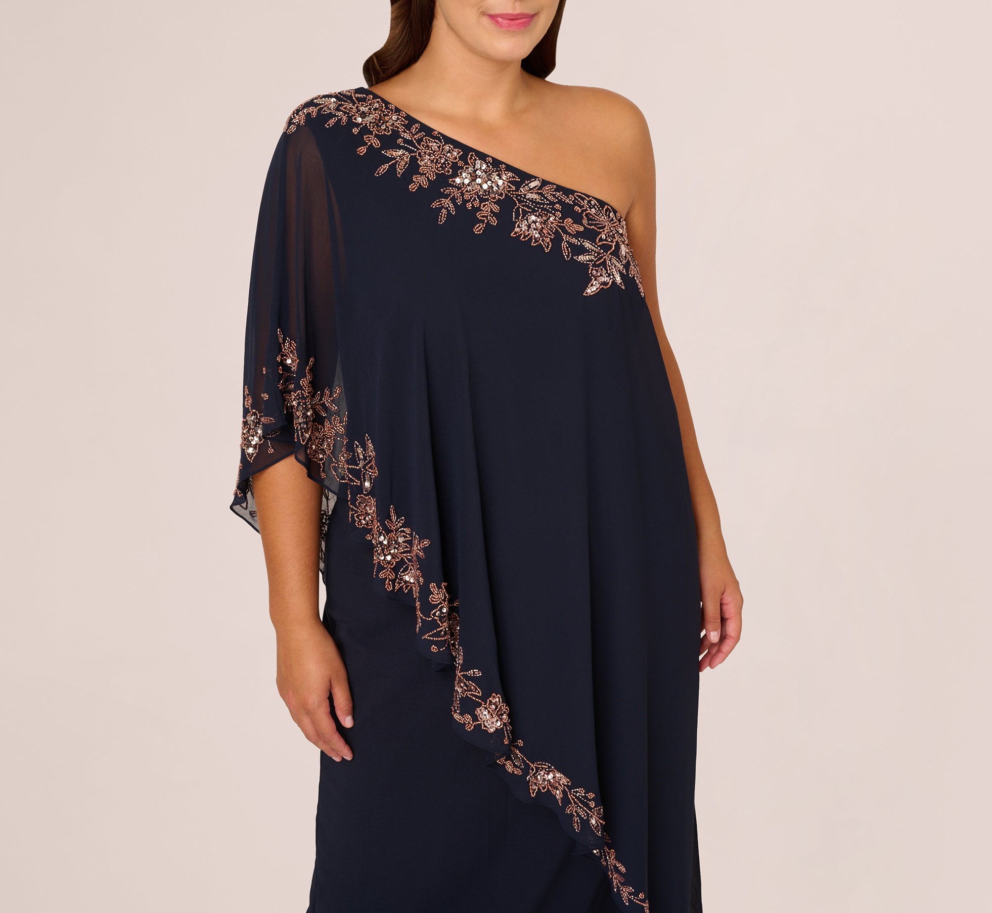 Plus Size One Shoulder Beaded Chiffon Cape Dress for Women - Navy & Rose Gold Formal Gown for Evening Party, Prom, Wedding Guest & Special Occasions