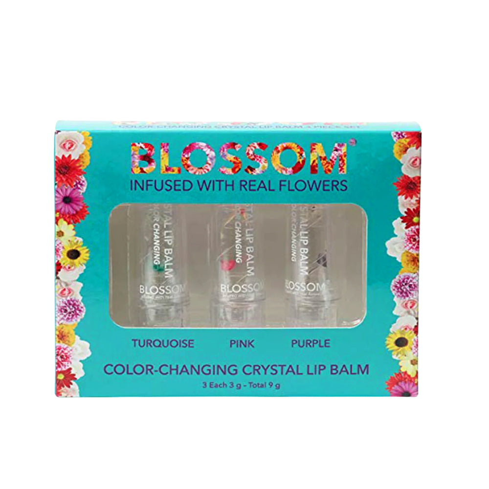 Blossom Color Changing Crystal Hydrating Lip Balm Set - Turquoise, Pink, Purple (3 Pack) | Moisturizing & Tinted Lip Care for Dry Lips | Perfect for Daily Use, Gifts & Travel