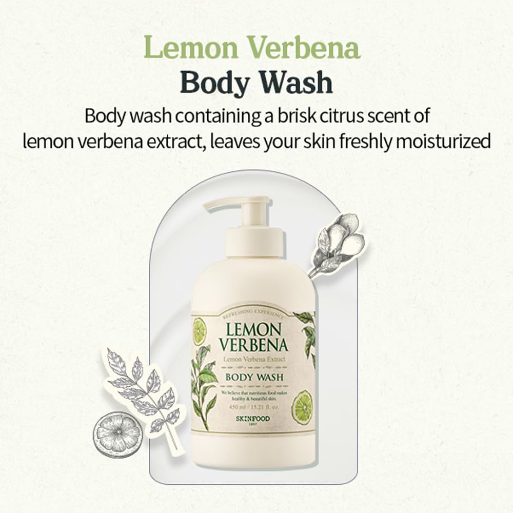 SKINFOOD Lemon Verbena Body Wash 450g (15.2 fl.oz) - Moisturizing Shower Gel with Citrus Scent for Men & Women - Soft Rich Foam Cleanser with Lemon Verbena Extract - Leaves Skin Fresh & Hydrated | Perfect for Daily Shower, Spa Day & Gift Sets