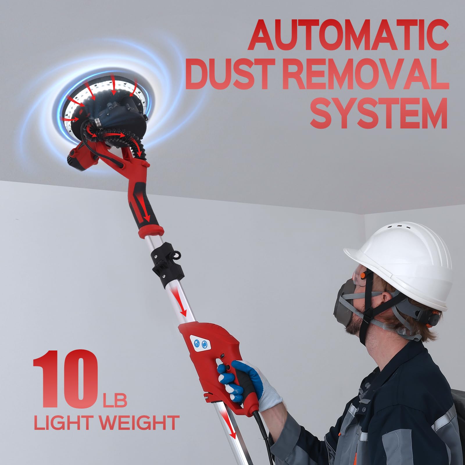 IMQUALI® 750W Drywall Sander with Vacuum Dust Collector - 6.8A Power, 7-Speed Adjustable (800-1750 RPM), Extendable Handle, LED Light & 12 Sanding Discs - Ideal for Popcorn Ceiling Removal, Wall Smoothing & DIY Home Renovation Projects