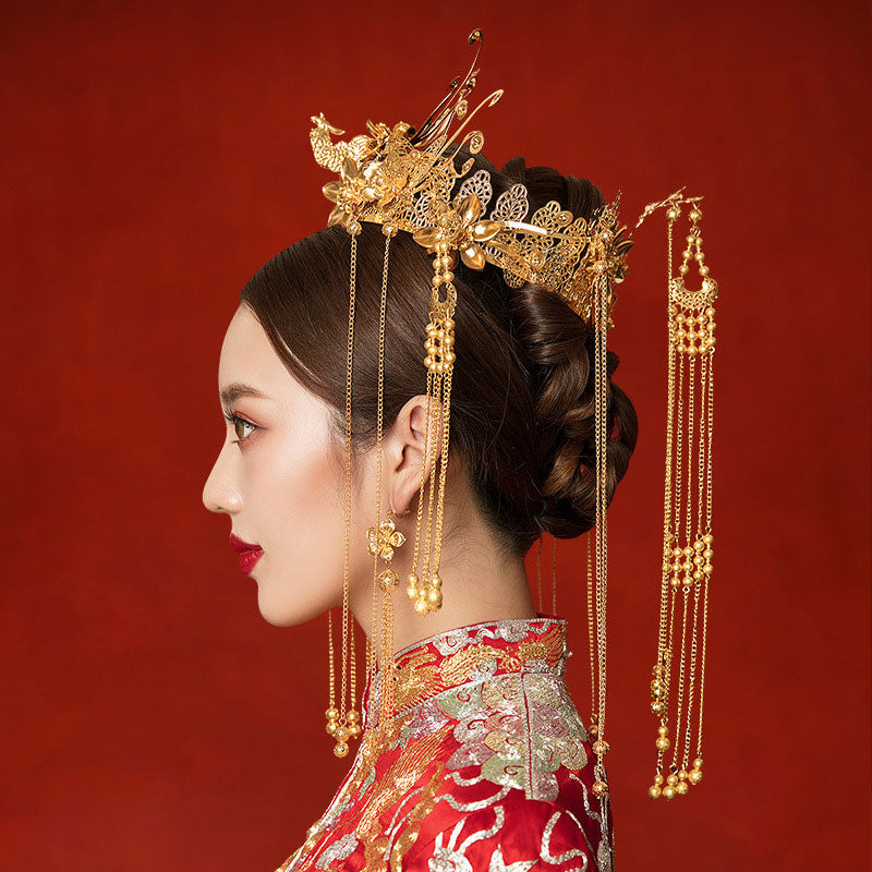 Elegant Gold Tone Wedding Hair Crown & Earrings Set for Bride - Perfect for Bridal Shower, Ceremony, and Reception Accessories