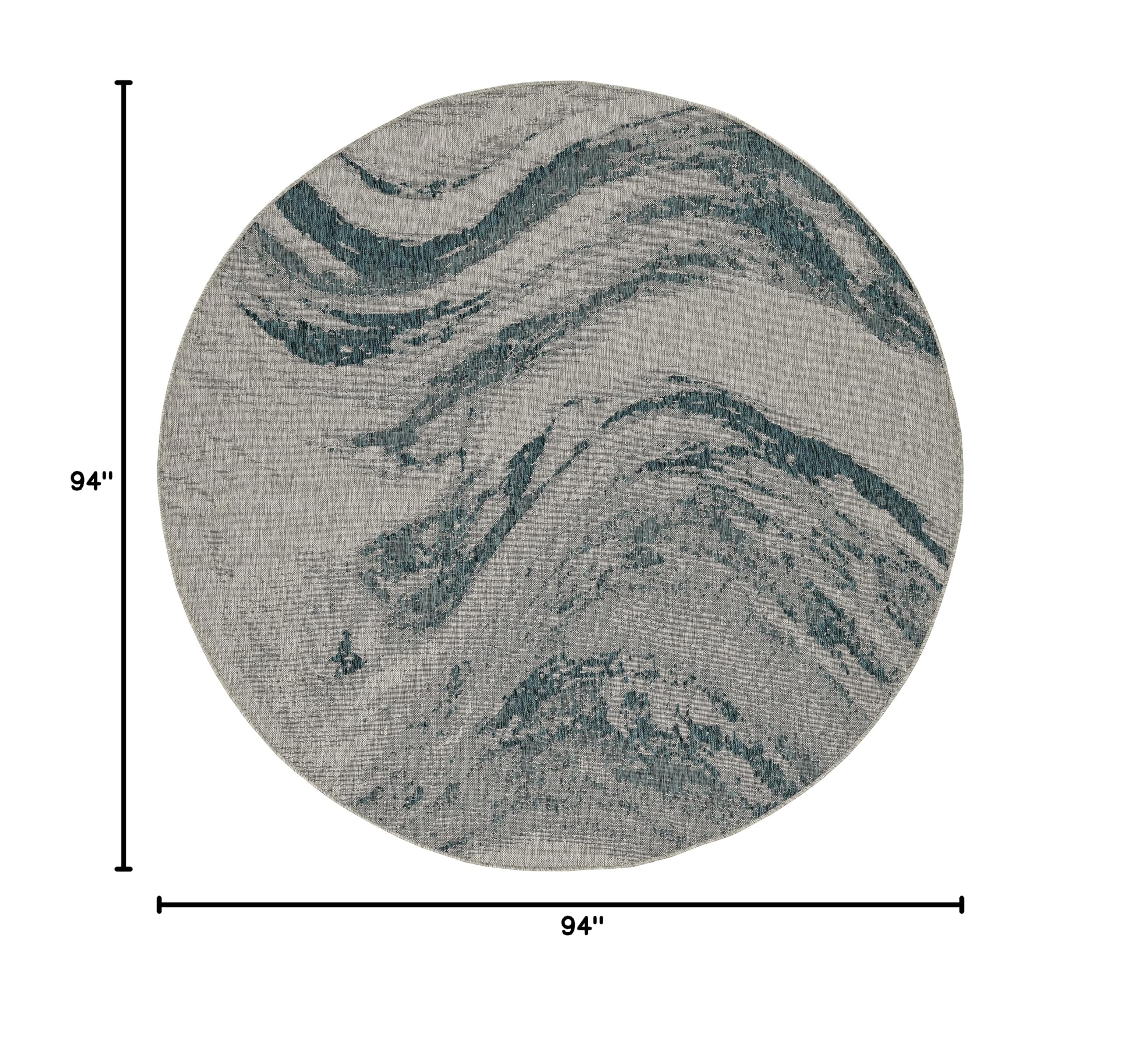 Juniper Abstract 7'10 Round Indoor Outdoor Area Rug - Grey Teal Modern Bohemian Rug for Living Room, Bedroom, Patio & Deck Decor