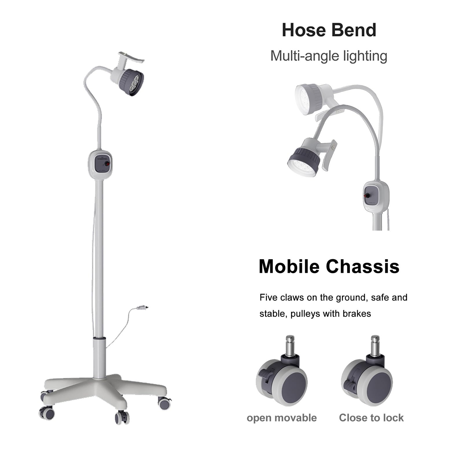 LED Surgical Light with Stepless Dimming & Adjustable Head - Medical Examination Lamp with 5 Universal Wheels for Gynecology, Outpatient, Dental Clinics & Operating Rooms - Perfect for Precise Illumination During Surgeries & Examinations