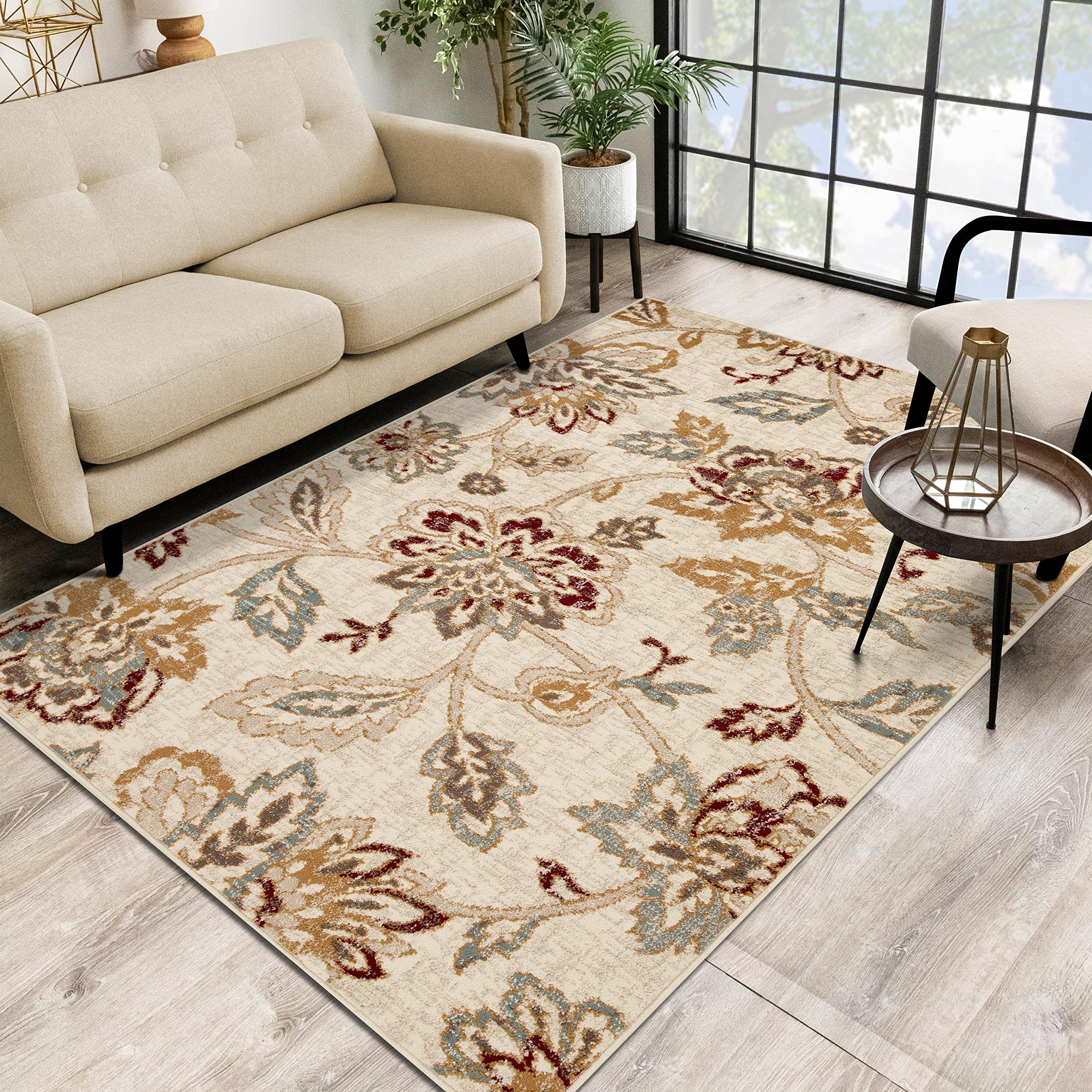 BNM 7' x 9' Indoor Large Area Rug with Natural Jute Backing - Farmhouse Floral Design, Plush Soft Texture, Jacobean Collection in Stone Color | Perfect for Entryway, Hallway, Living Room, Bedroom, Office, Kitchen & Dorm Decor | Cozy Home Accent for Family Gatherings & Relaxation